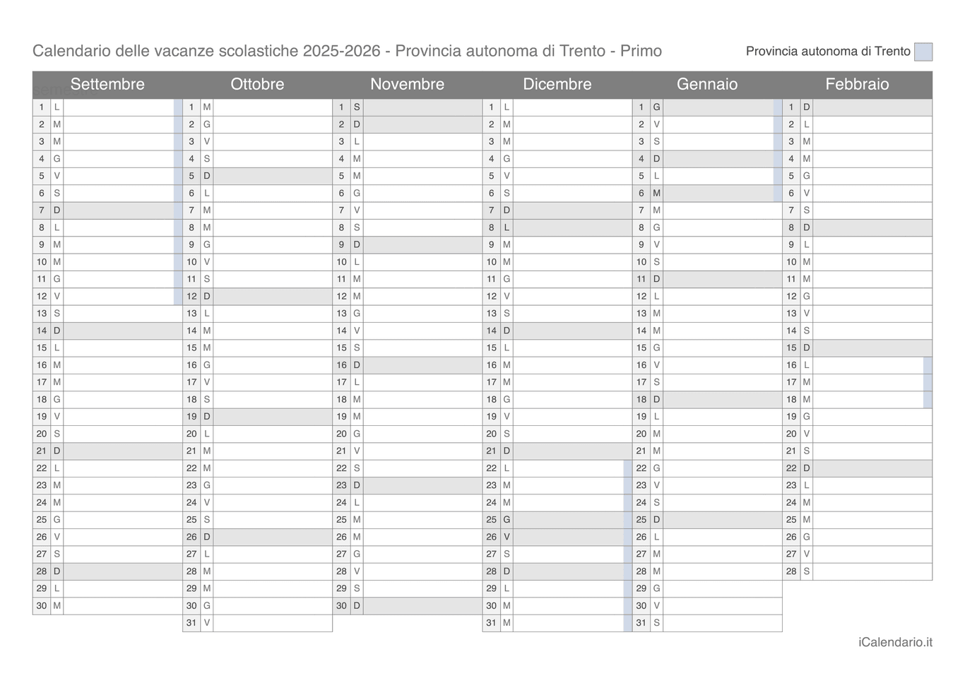 Calendario semestrale delle vacanze scolastiche 2025-2026 Provincia autonoma di Trento
