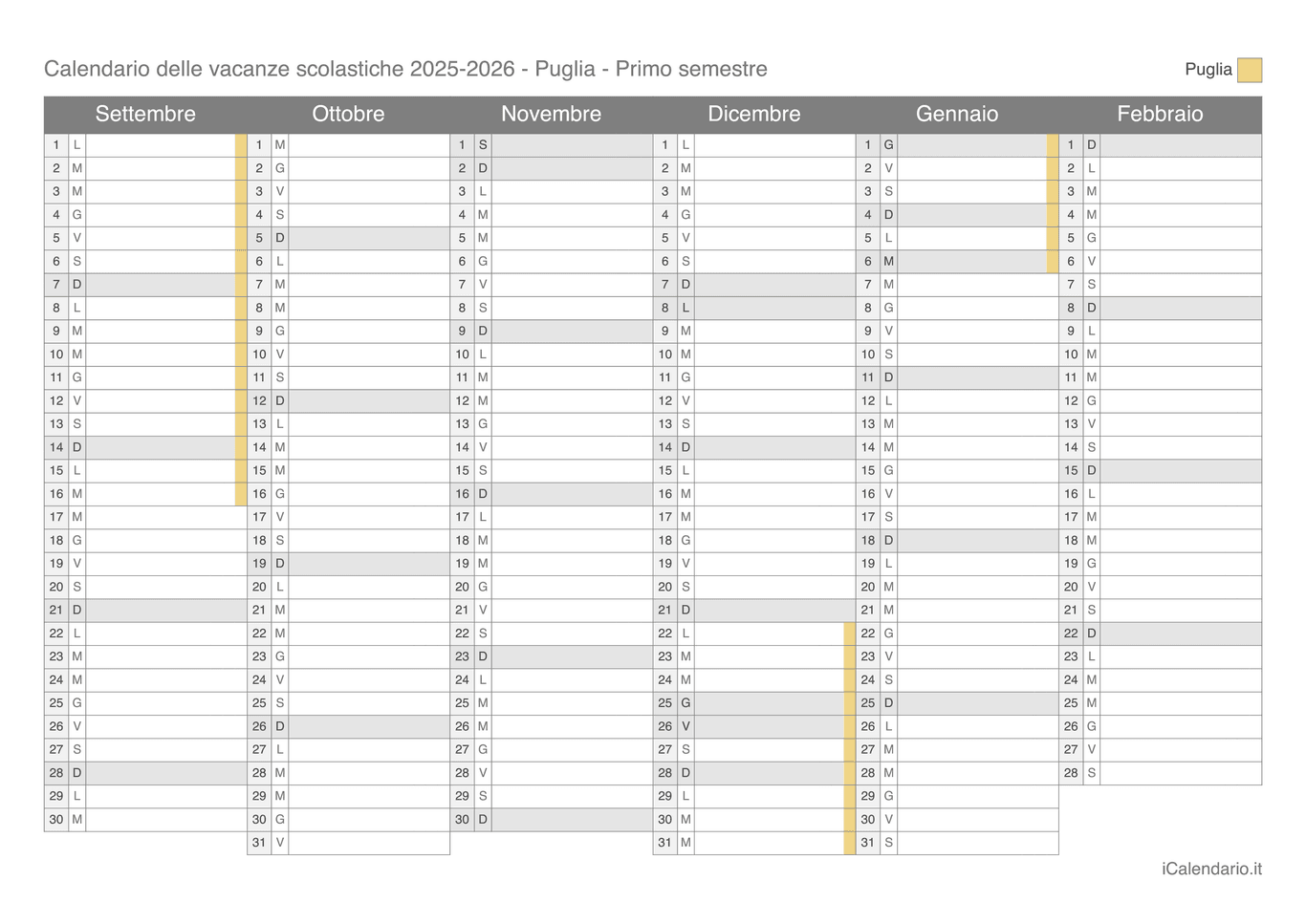 Calendario semestrale delle vacanze scolastiche 2025-2026 Puglia