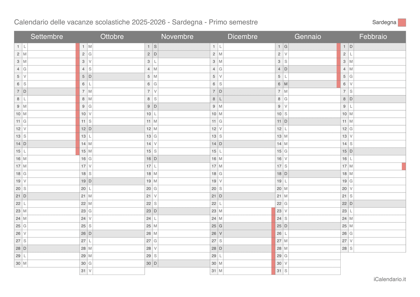 Calendario semestrale delle vacanze scolastiche 2025-2026 Sardegna