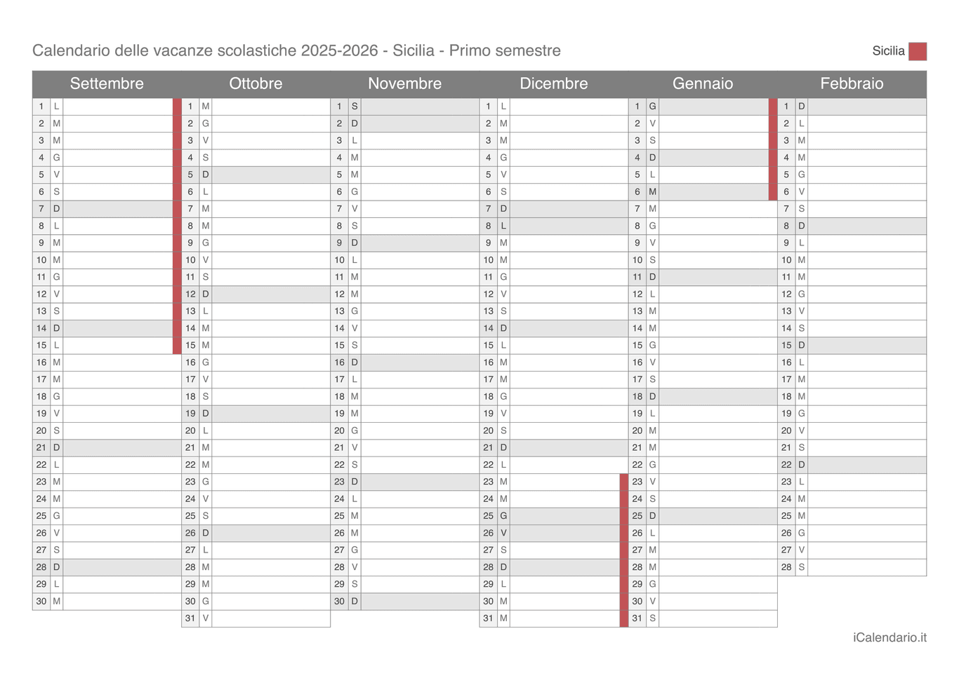 Calendario semestrale delle vacanze scolastiche 2025-2026 Sicilia