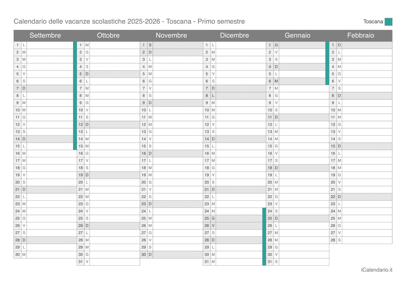 Calendario semestrale delle vacanze scolastiche 2025-2026 Toscana