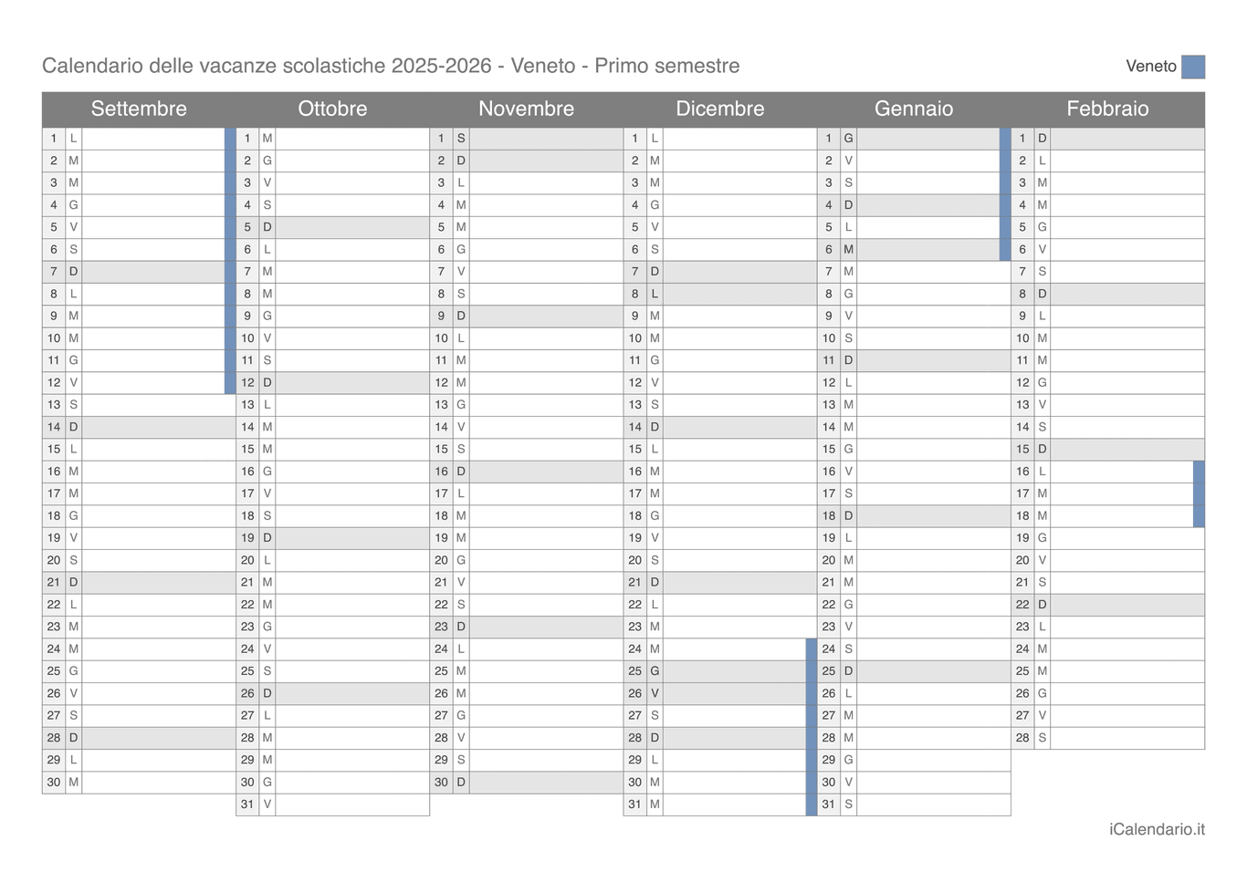 Calendario semestrale delle vacanze scolastiche 2025-2026 Veneto