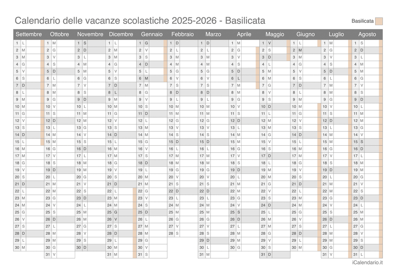 Calendario delle vacanze scolastiche 2025-2026 Basilicata