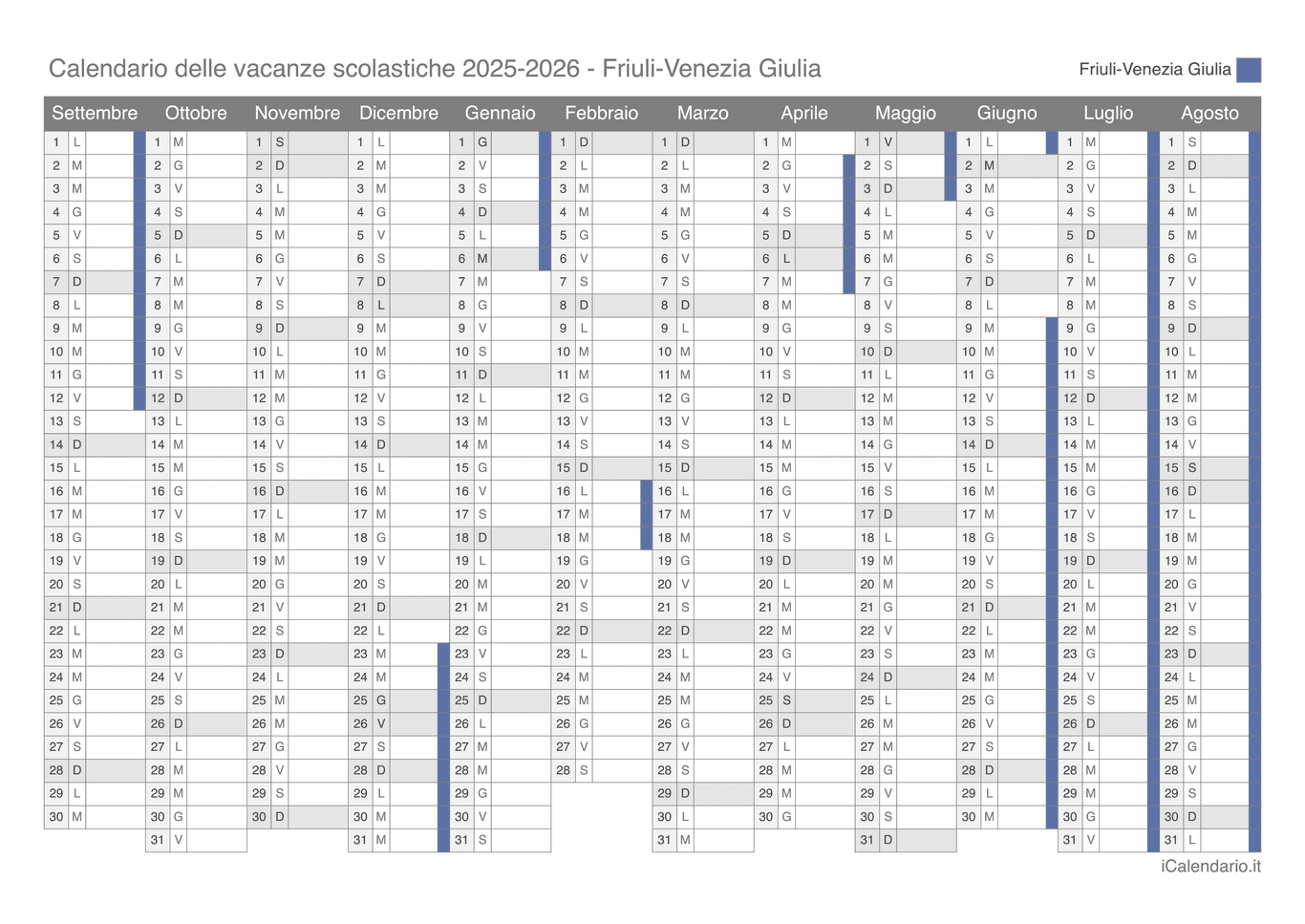 Calendario delle vacanze scolastiche 2025-2026 Friuli-Venezia Giulia
