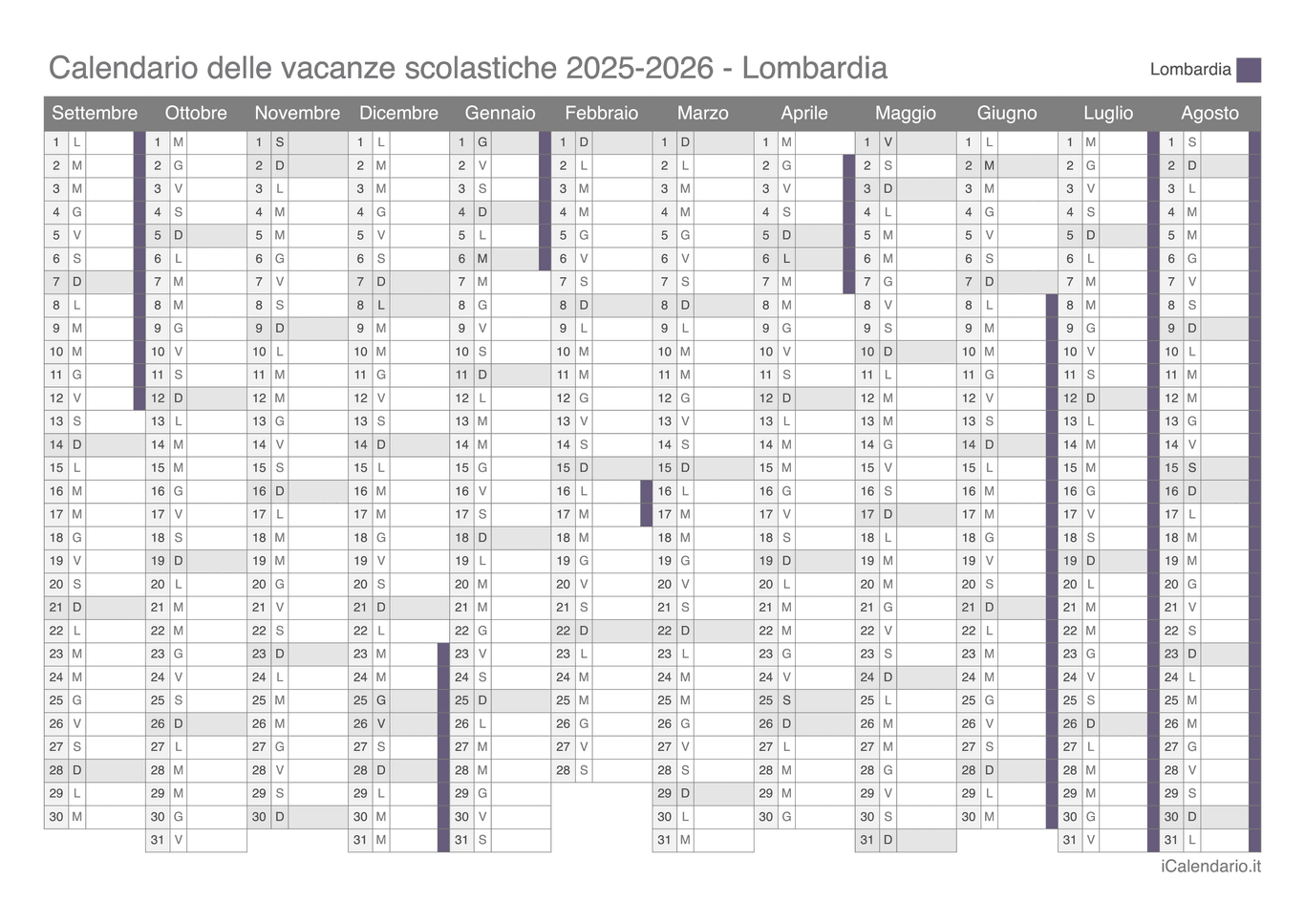 Calendario delle vacanze scolastiche 2025-2026 Lombardia