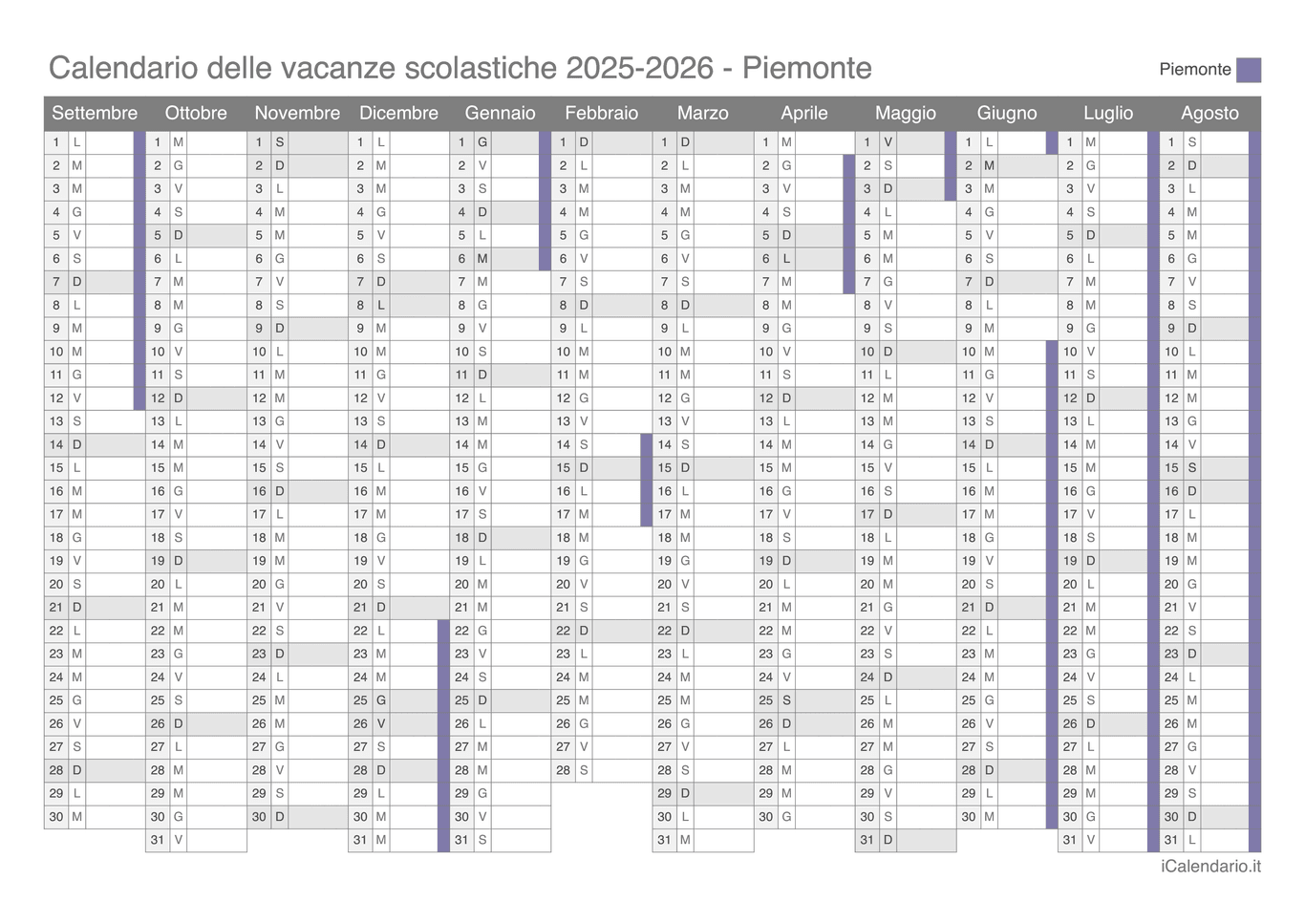 Calendario delle vacanze scolastiche 2025-2026 Piemonte