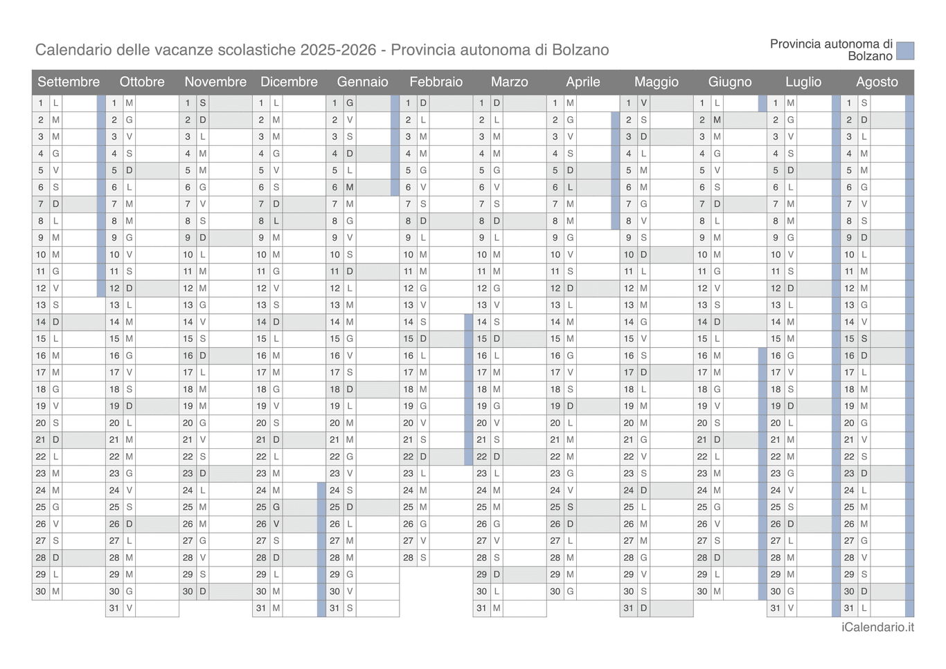 Calendario delle vacanze scolastiche 2025-2026 Provincia autonoma di Bolzano