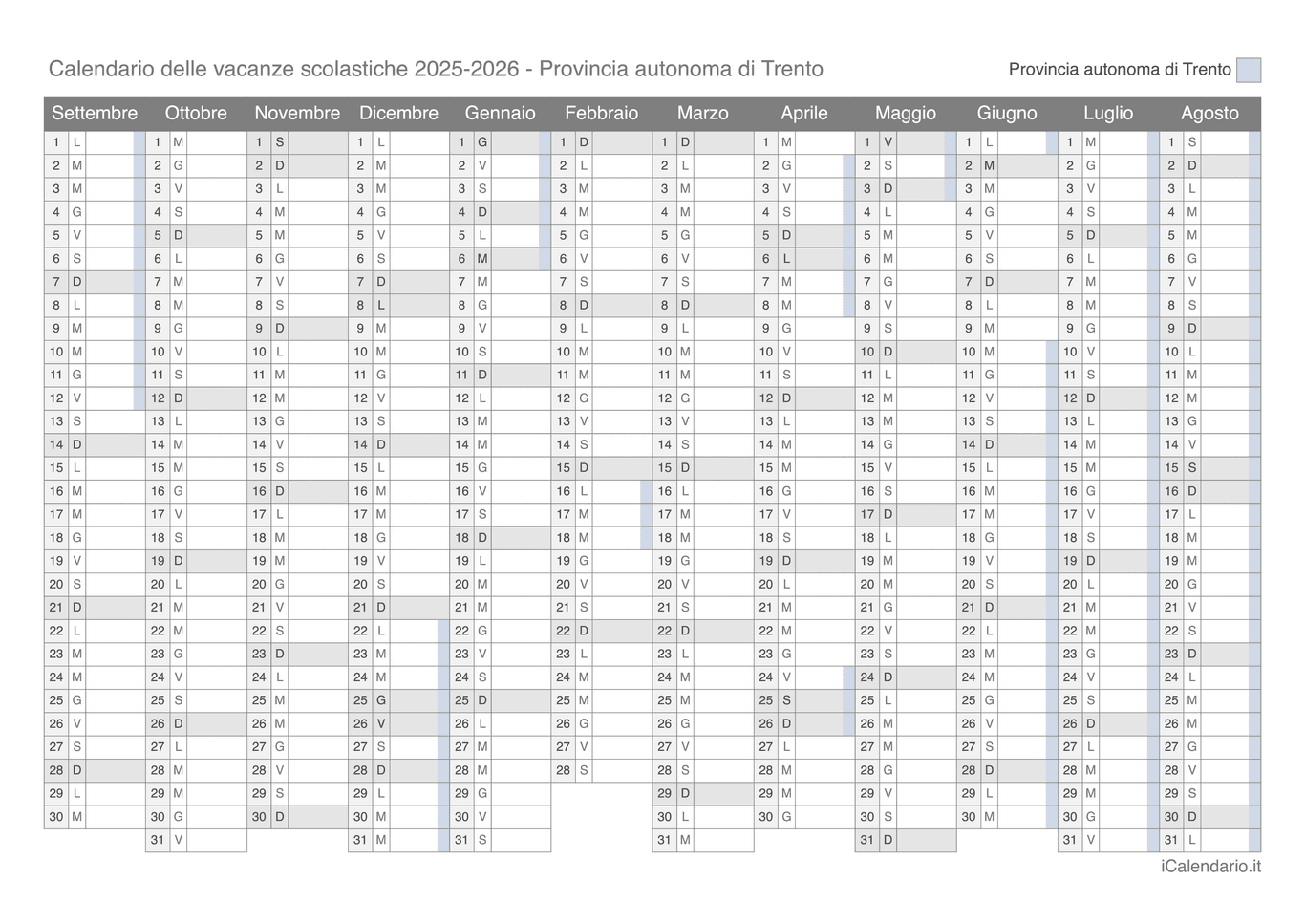 Calendario delle vacanze scolastiche 2025-2026 Provincia autonoma di Trento
