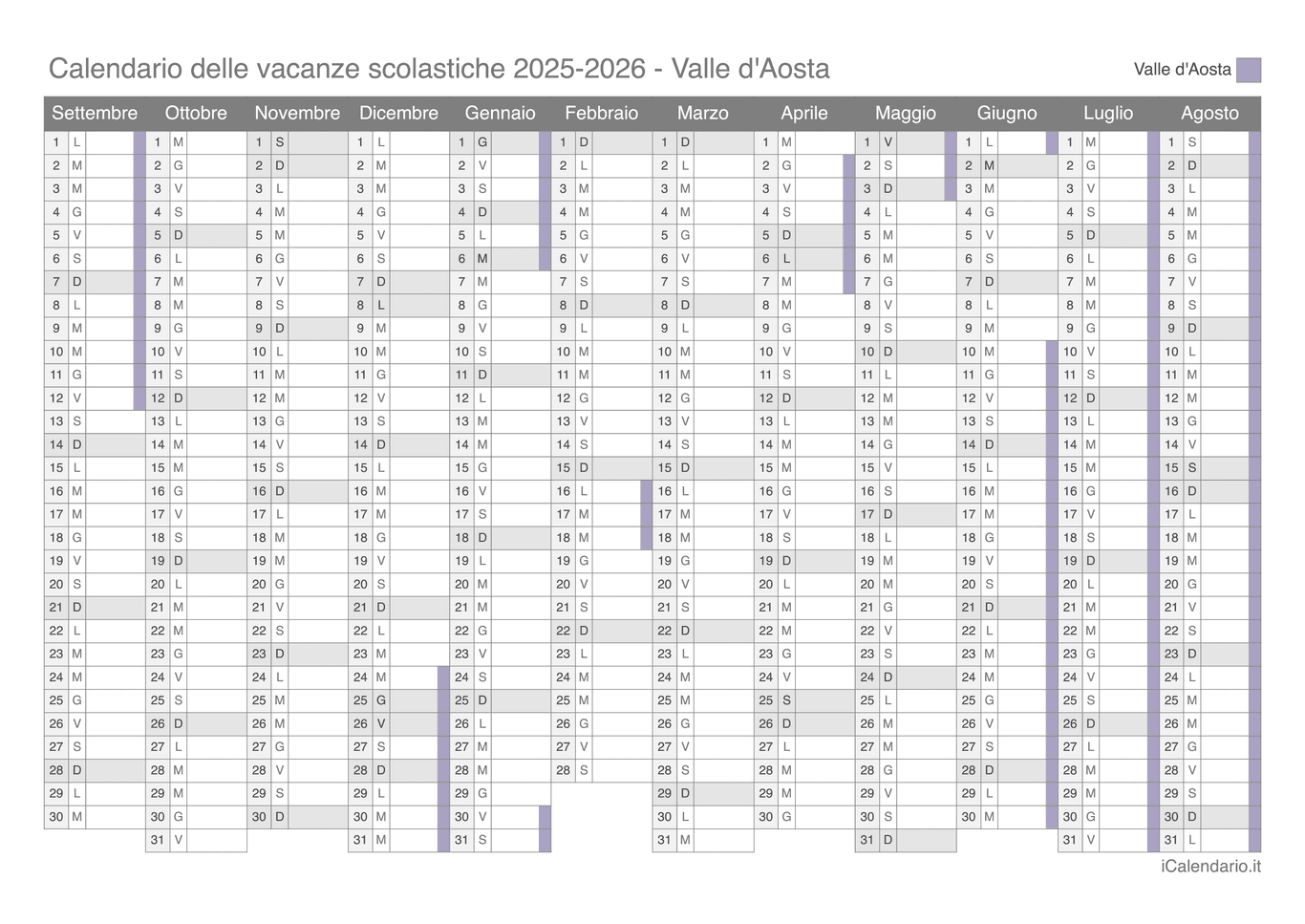Calendario delle vacanze scolastiche 2025-2026 Valle d'Aosta