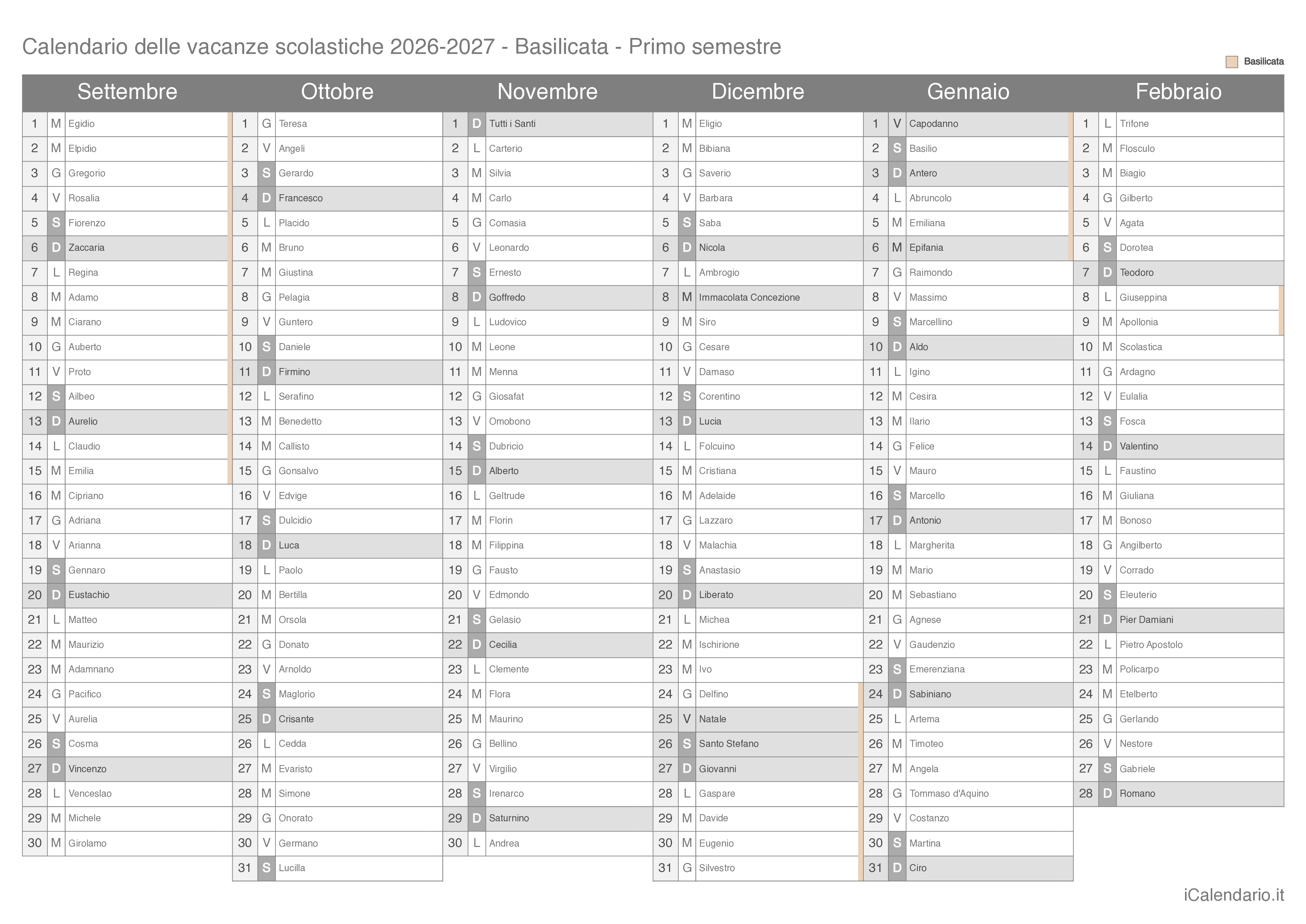 Calendario semestrale delle vacanze scolastiche 2026-2027 con santi, Basilicata