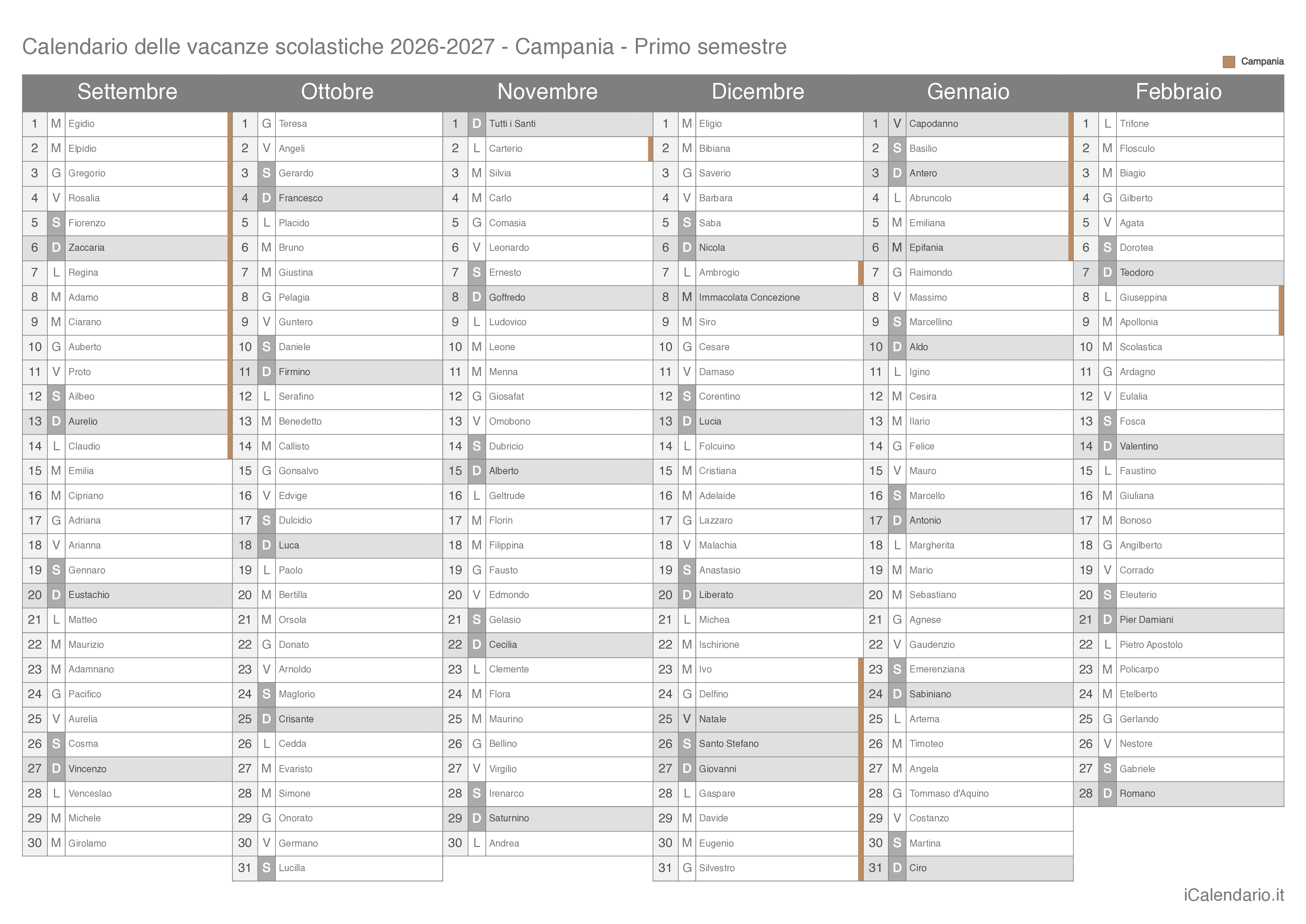 Calendario semestrale delle vacanze scolastiche 2026-2027 con santi, Campania