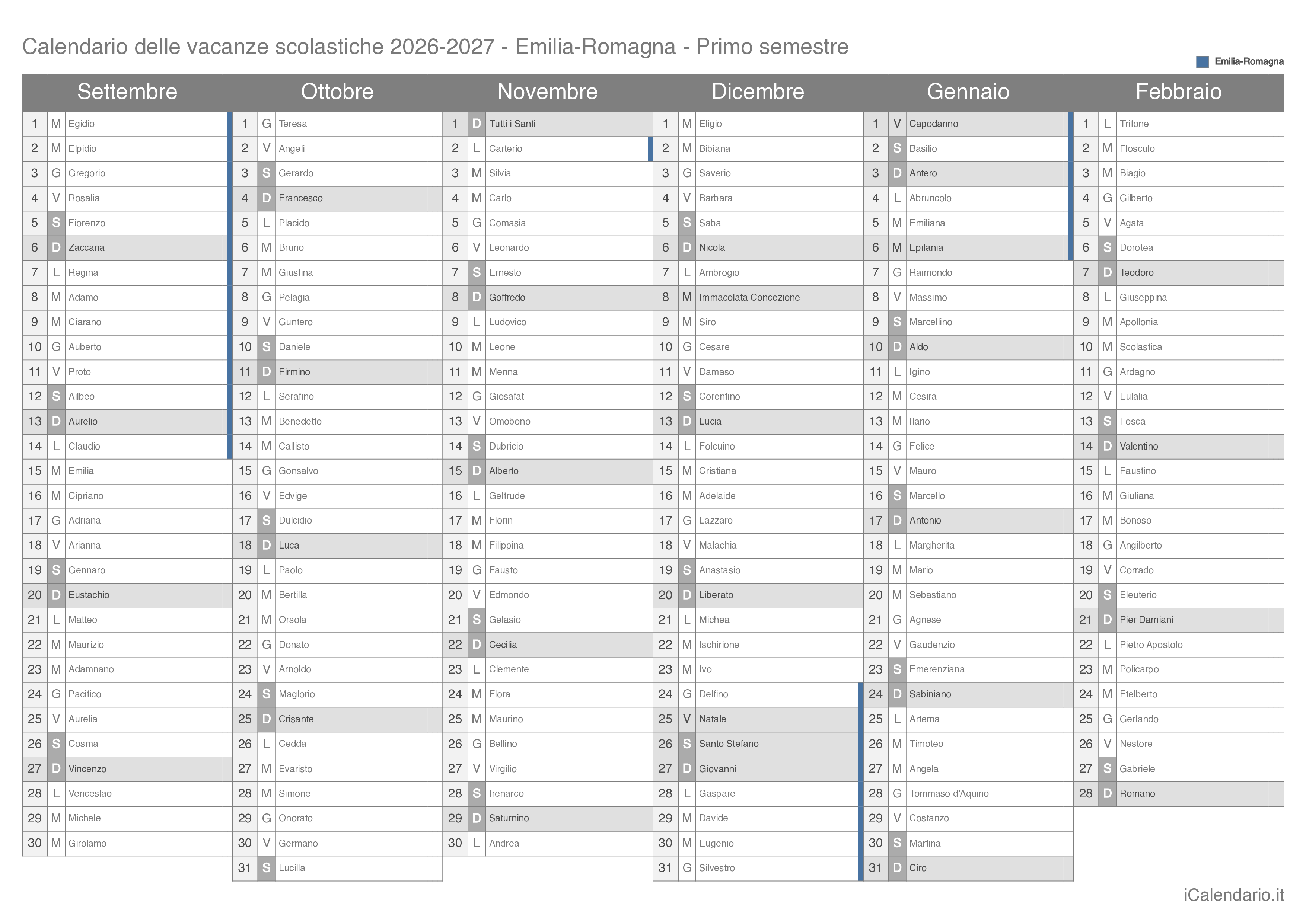 Calendario semestrale delle vacanze scolastiche 2026-2027 con santi, Emilia-Romagna