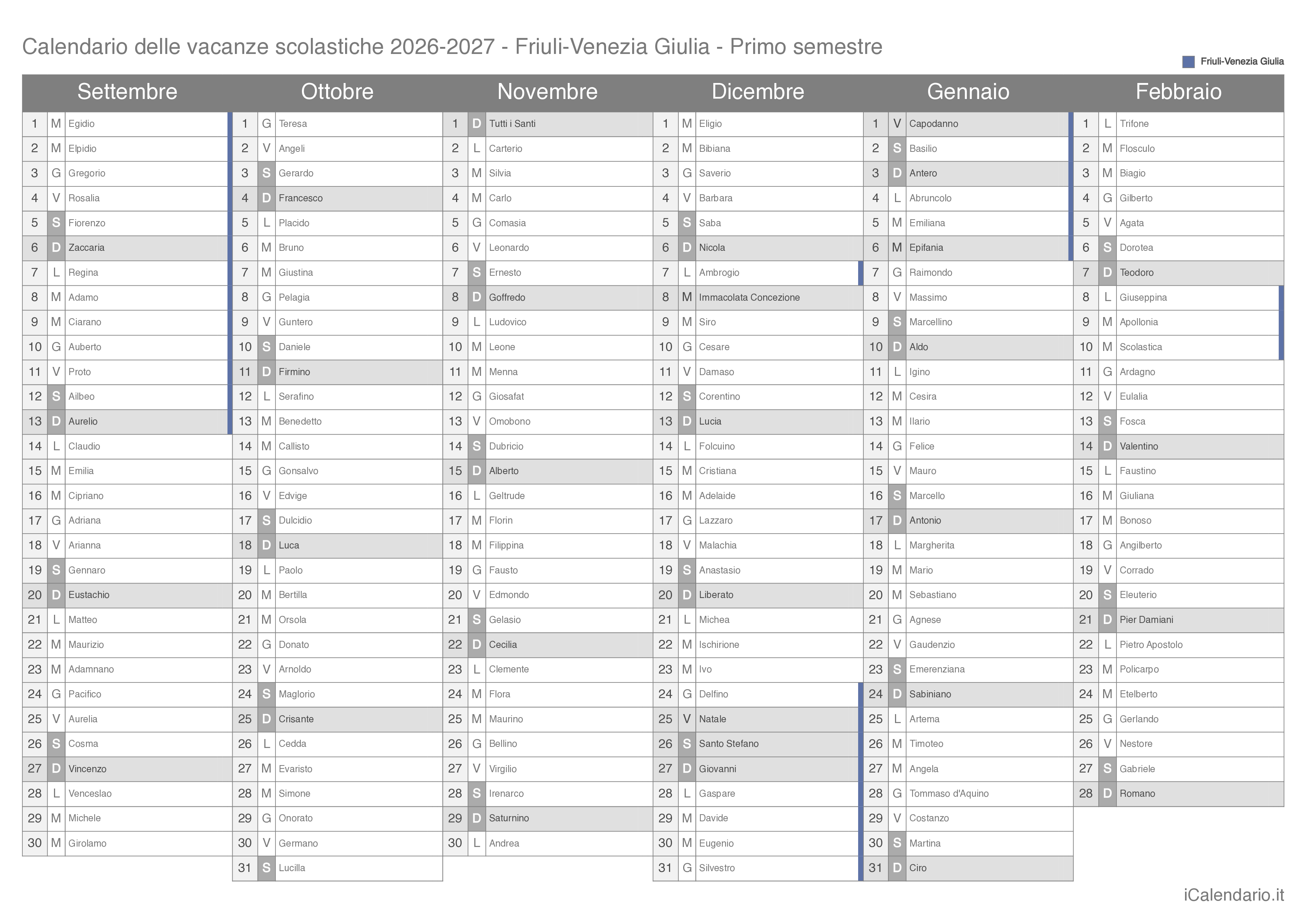 Calendario semestrale delle vacanze scolastiche 2026-2027 con santi, Friuli-Venezia Giulia