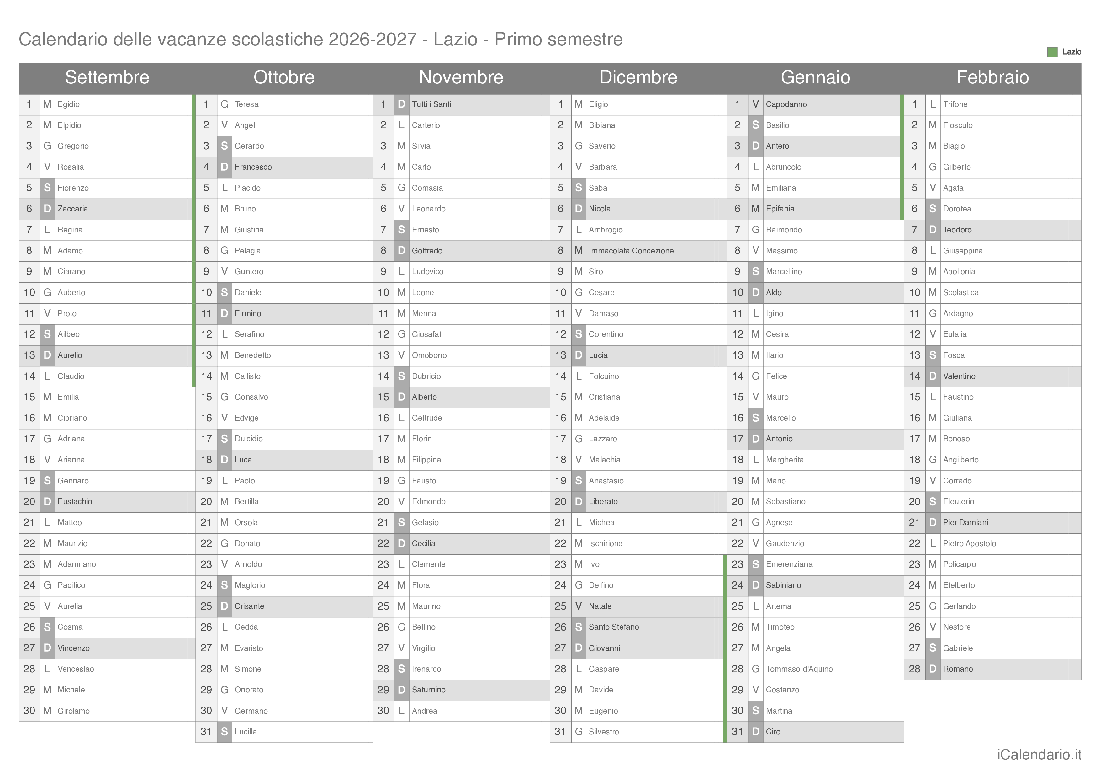Calendario semestrale delle vacanze scolastiche 2026-2027 con santi, Lazio