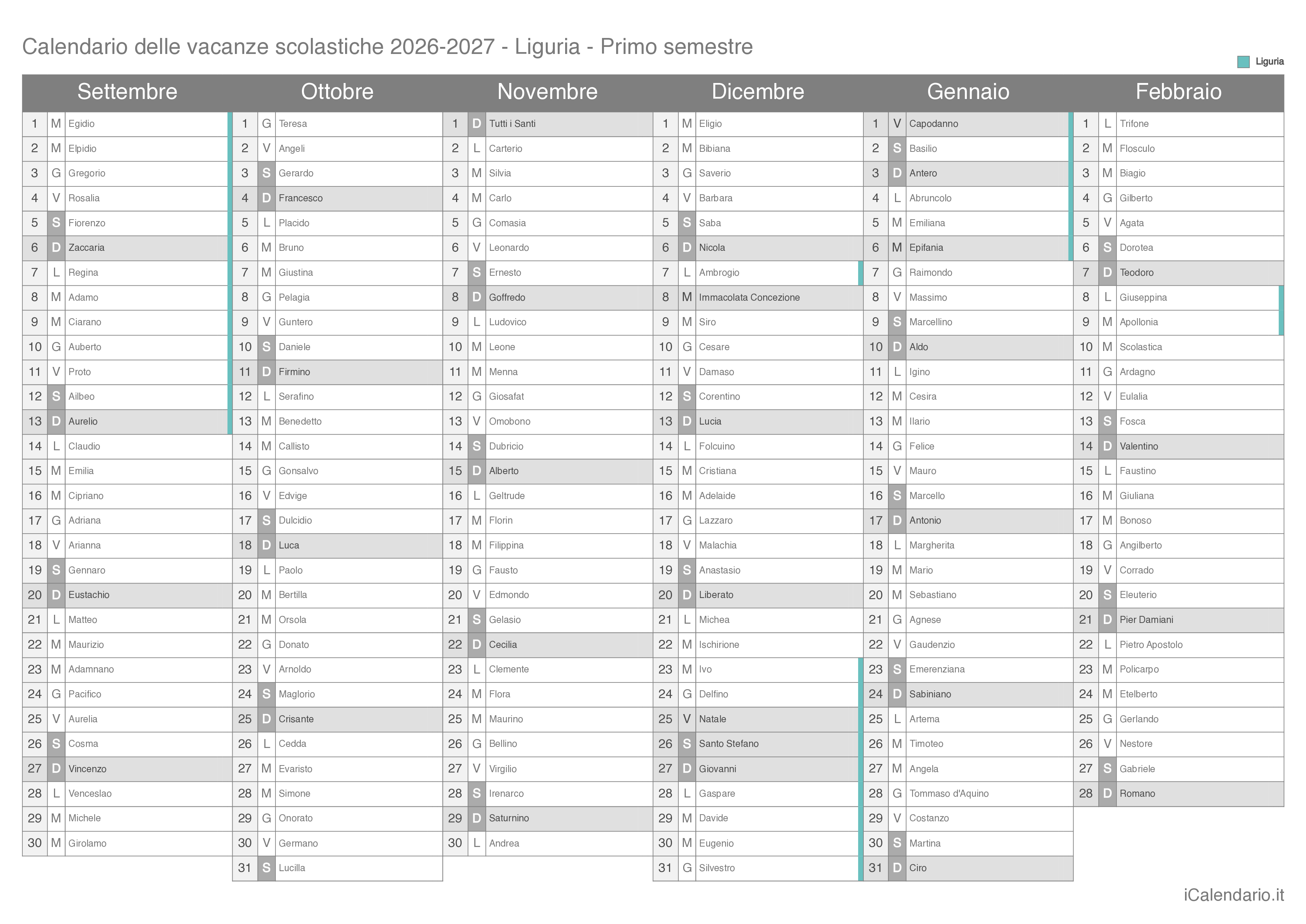 Calendario semestrale delle vacanze scolastiche 2026-2027 con santi, Liguria
