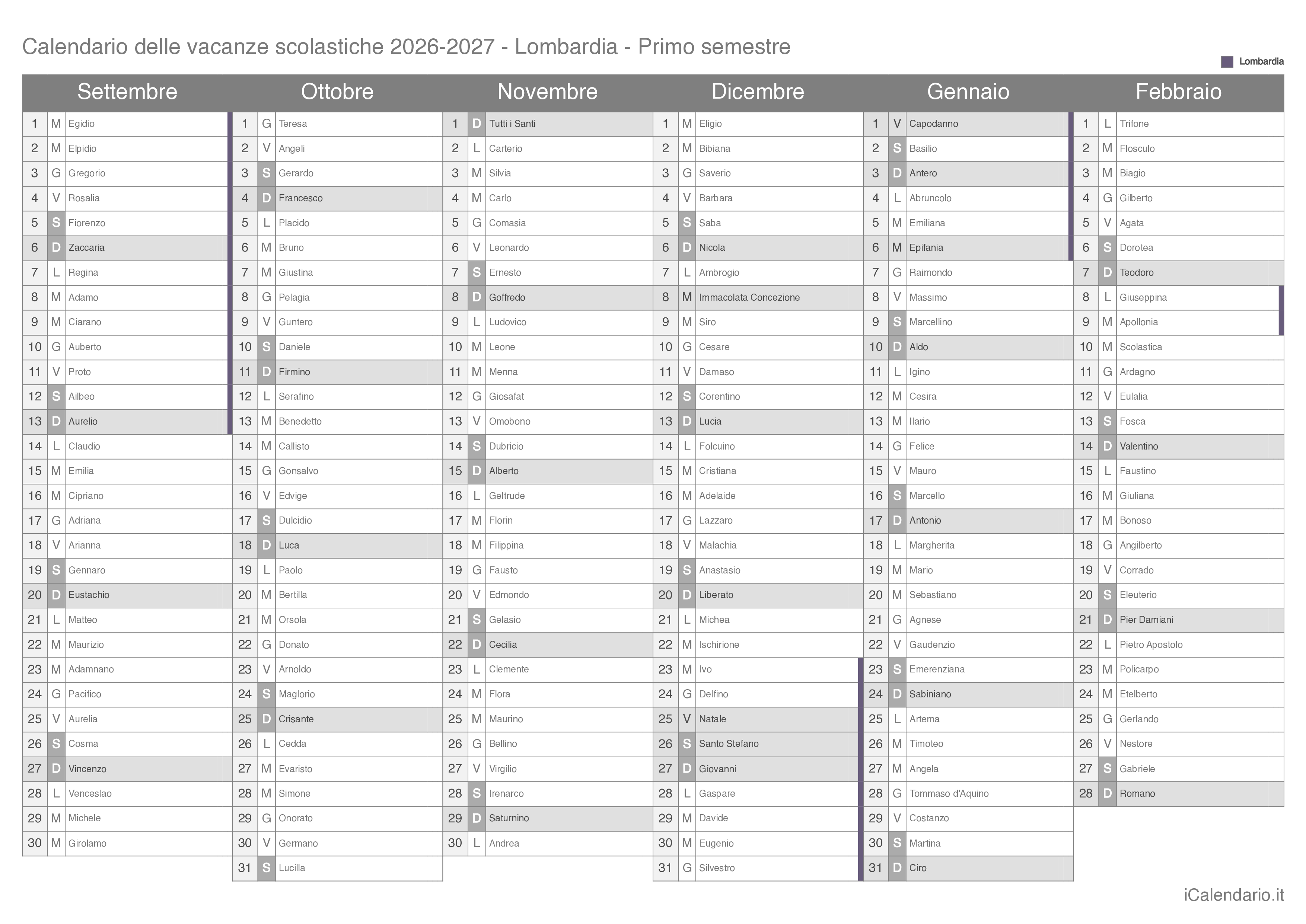 Calendario semestrale delle vacanze scolastiche 2026-2027 con santi, Lombardia