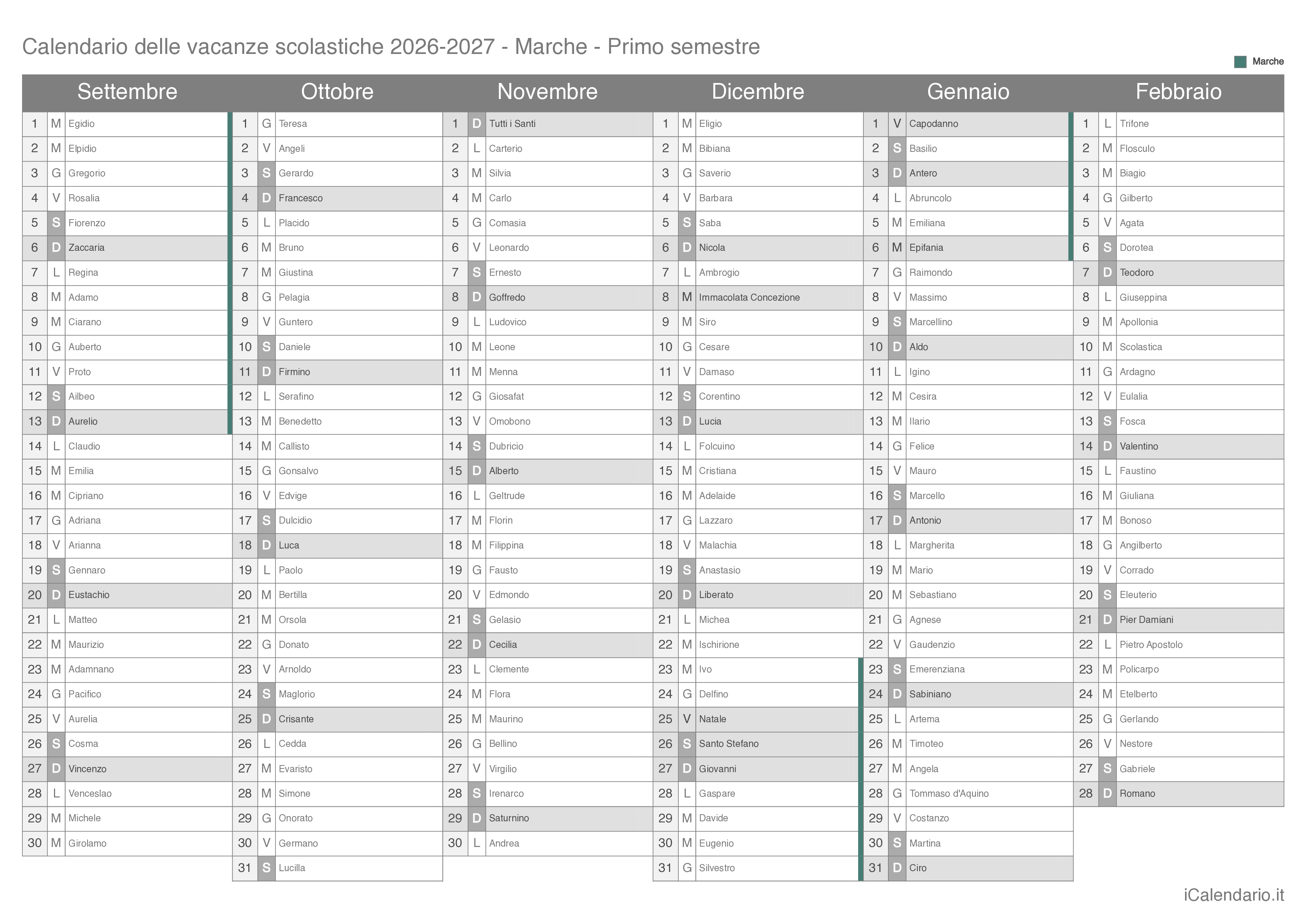 Calendario semestrale delle vacanze scolastiche 2026-2027 con santi, Marche