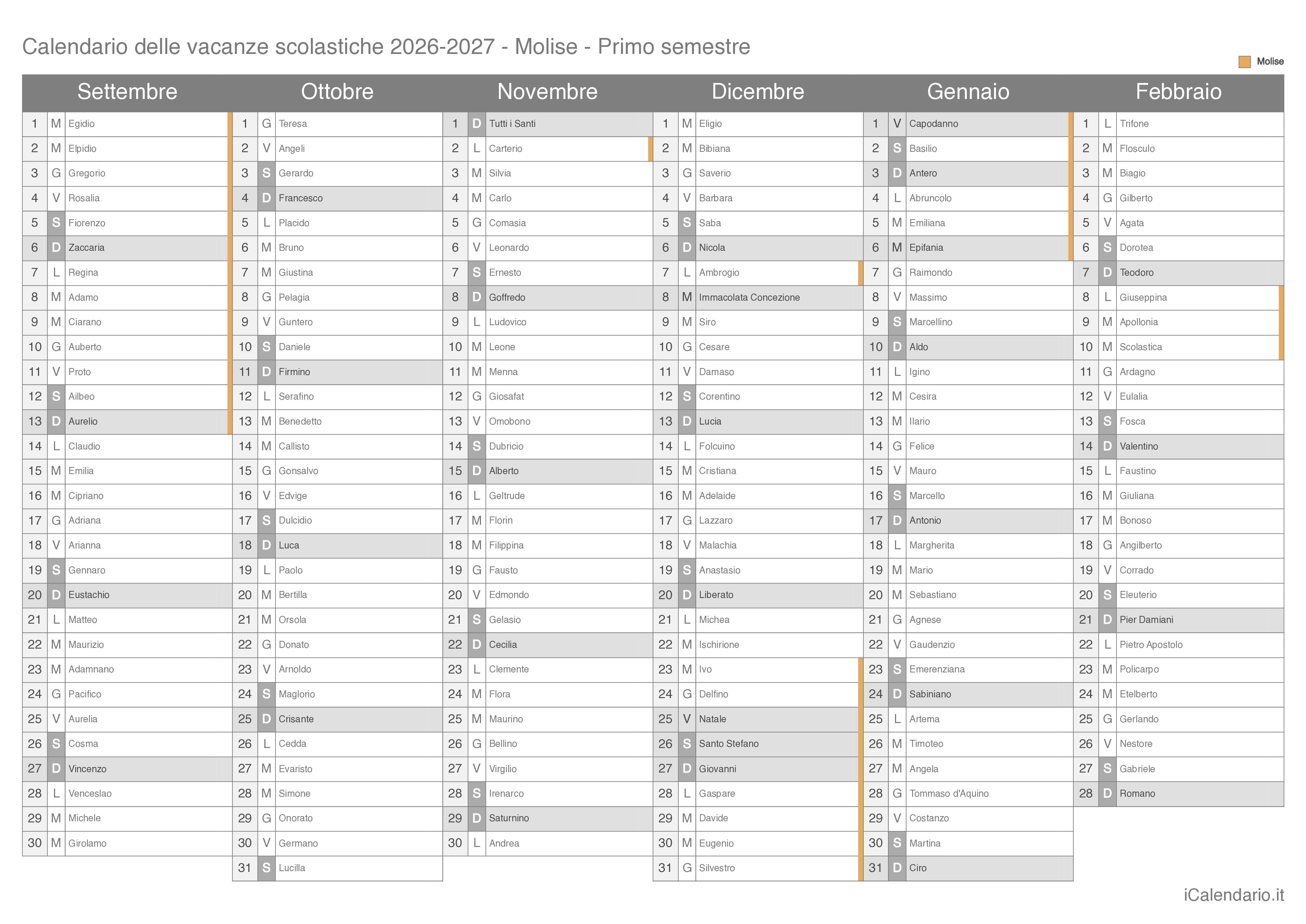 Calendario semestrale delle vacanze scolastiche 2026-2027 con santi, Molise