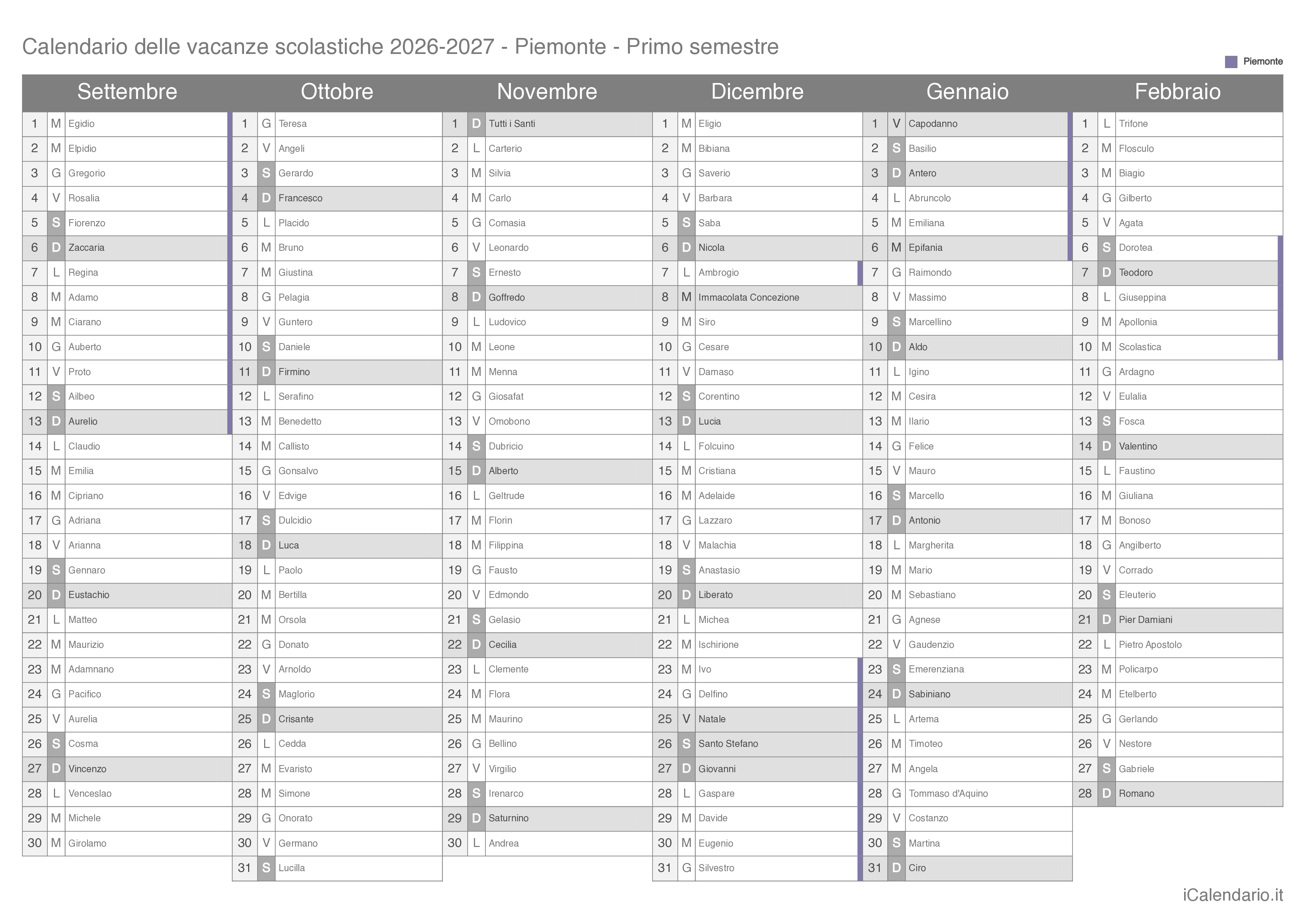 Calendario semestrale delle vacanze scolastiche 2026-2027 con santi, Piemonte