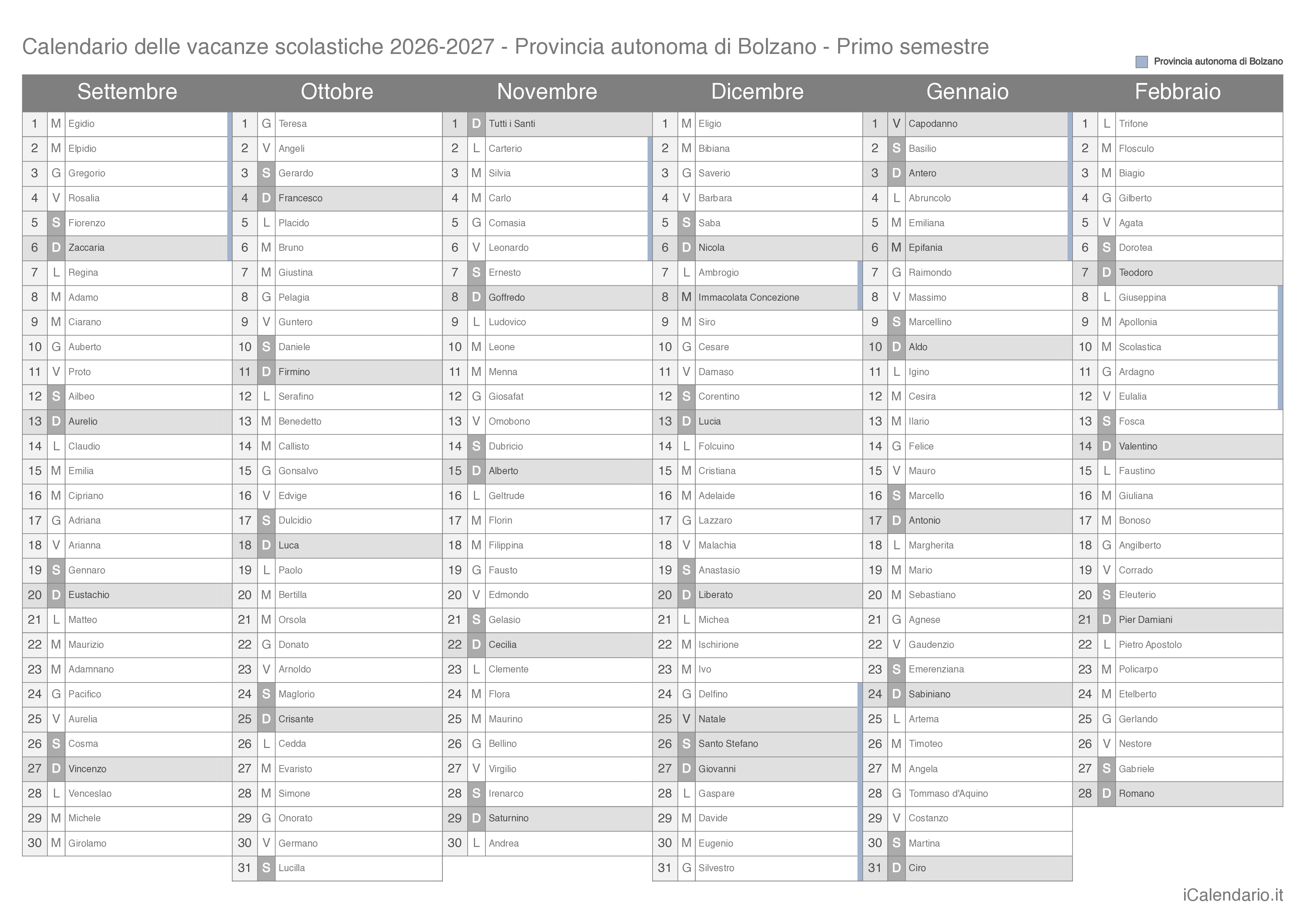 Calendario semestrale delle vacanze scolastiche 2026-2027 con santi, Provincia autonoma di Bolzano