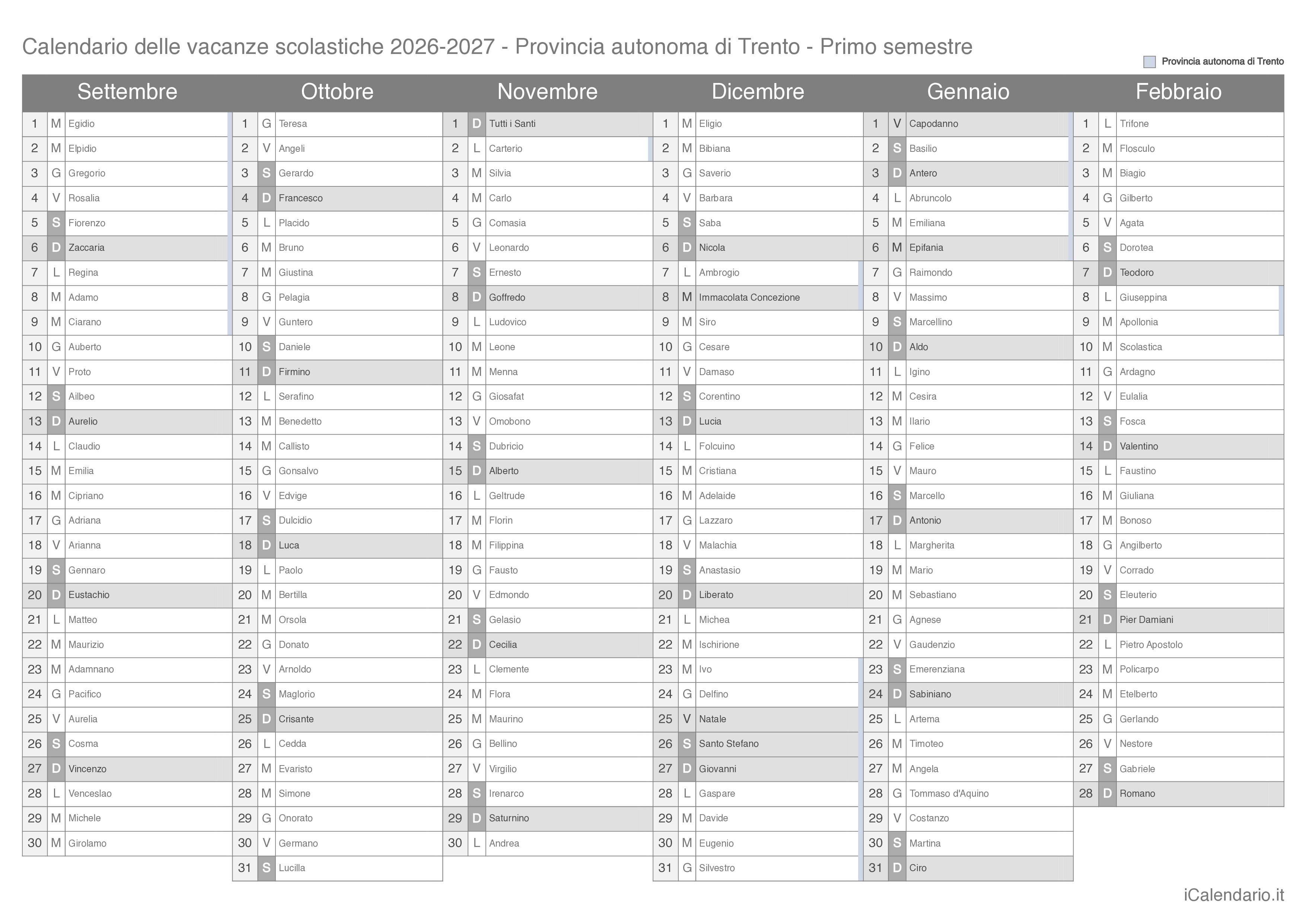 Calendario semestrale delle vacanze scolastiche 2026-2027 con santi, Provincia autonoma di Trento
