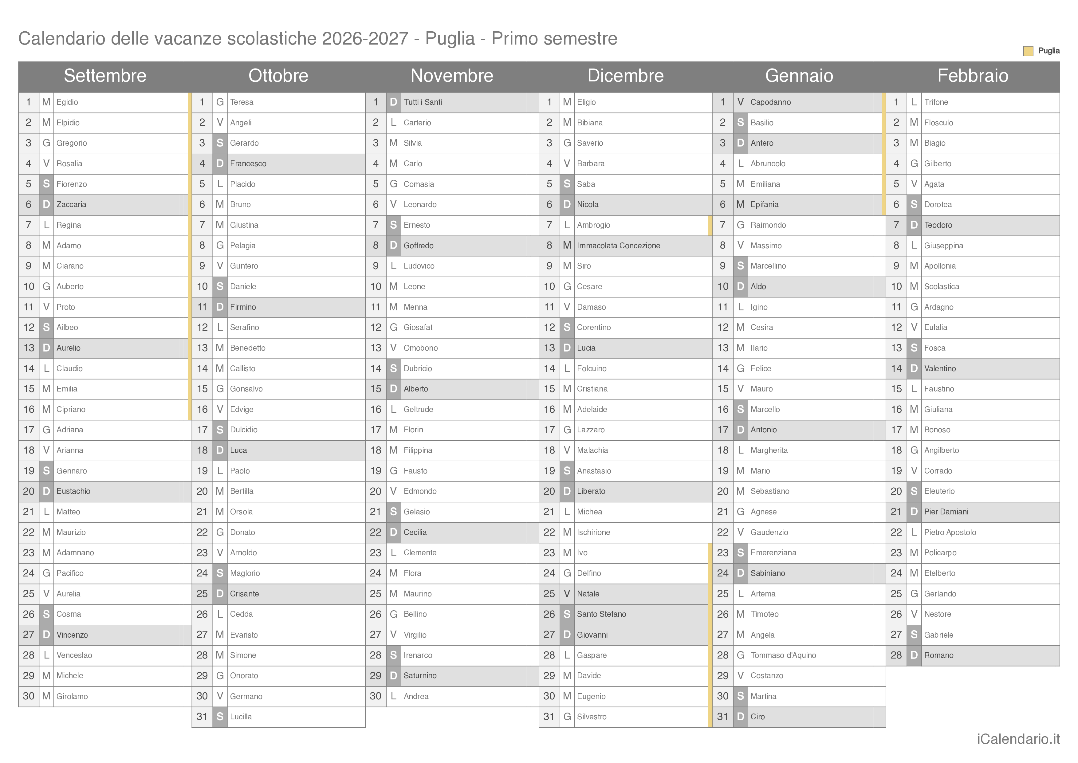 Calendario semestrale delle vacanze scolastiche 2026-2027 con santi, Puglia