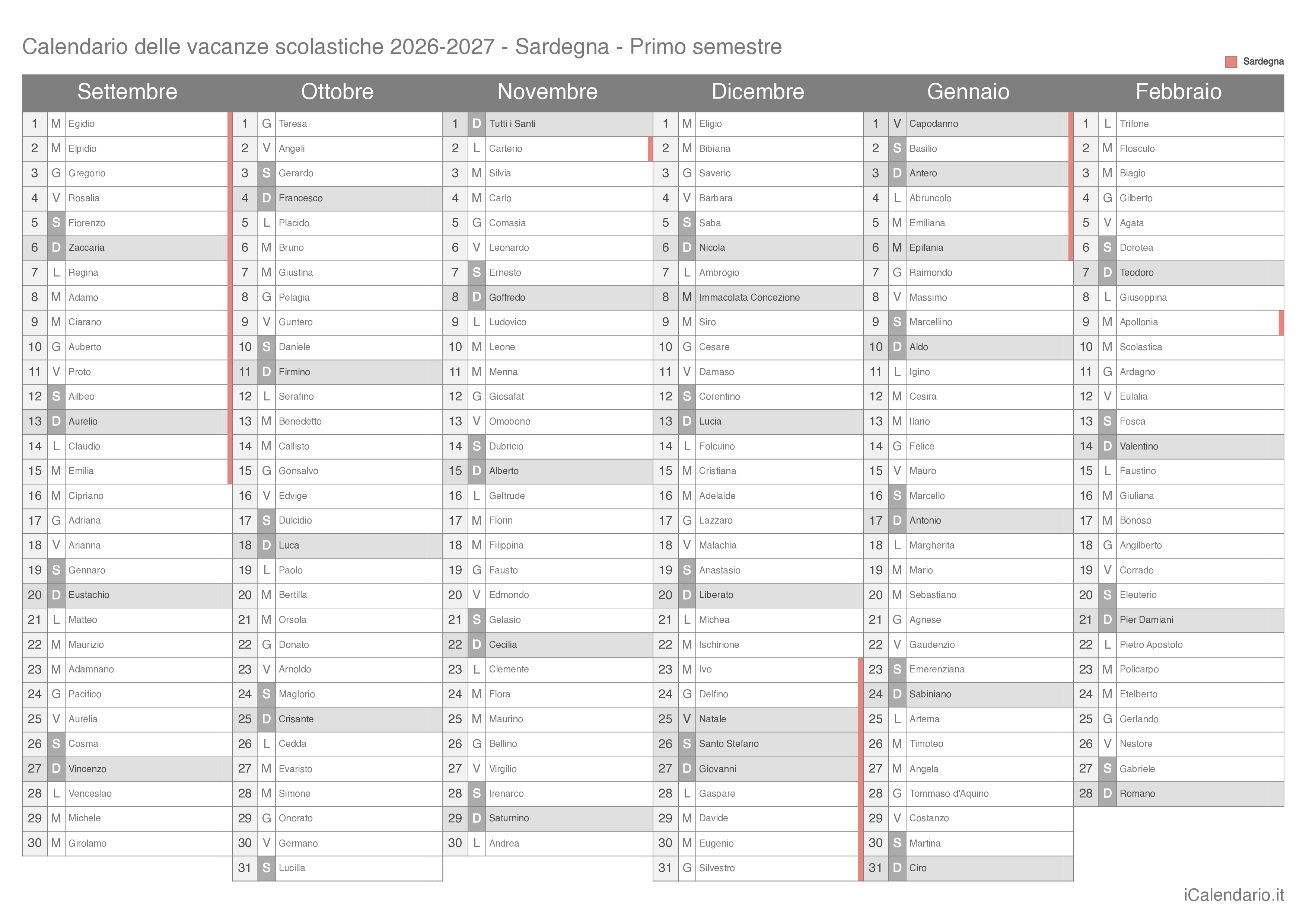 Calendario semestrale delle vacanze scolastiche 2026-2027 con santi, Sardegna