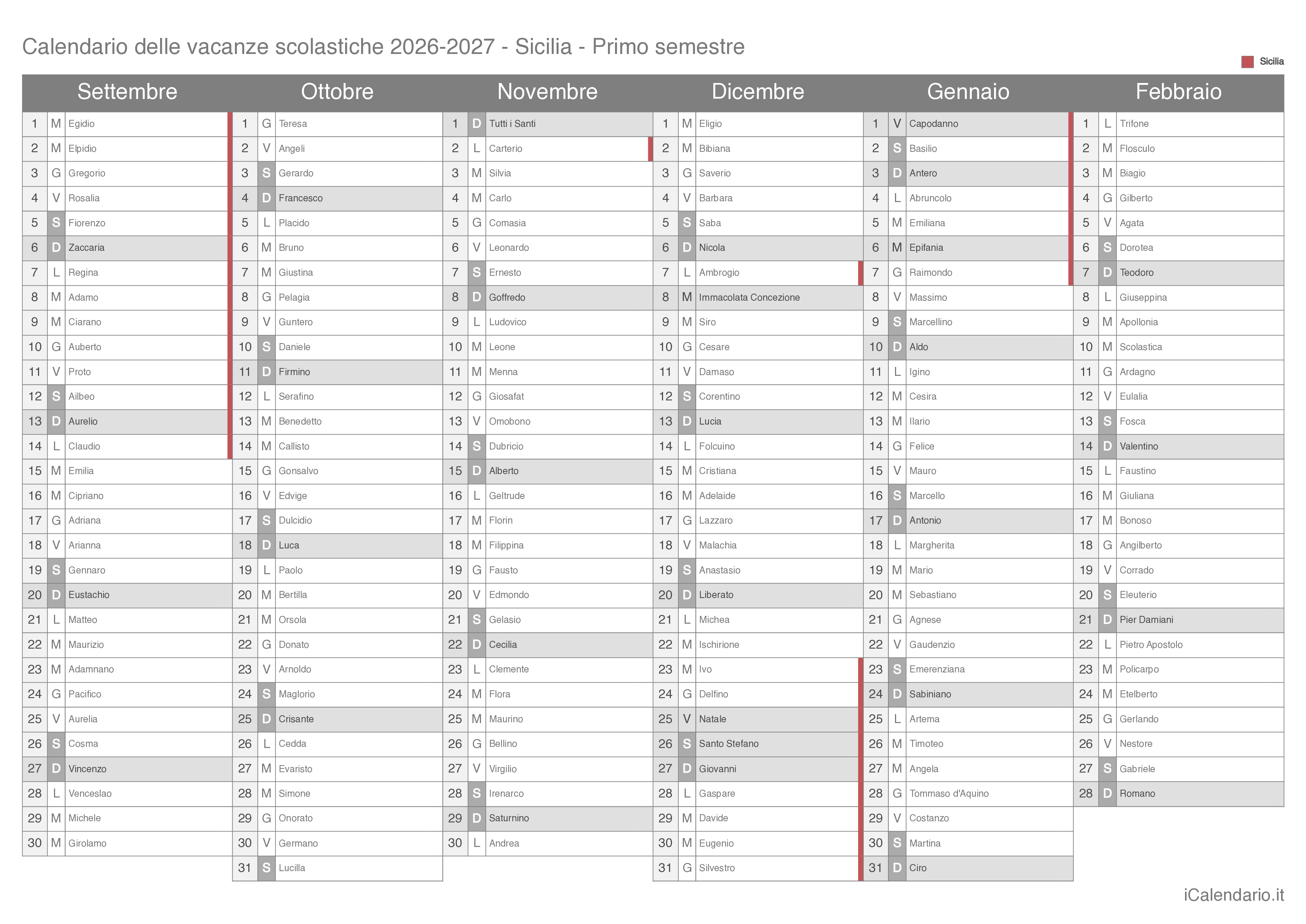 Calendario semestrale delle vacanze scolastiche 2026-2027 con santi, Sicilia