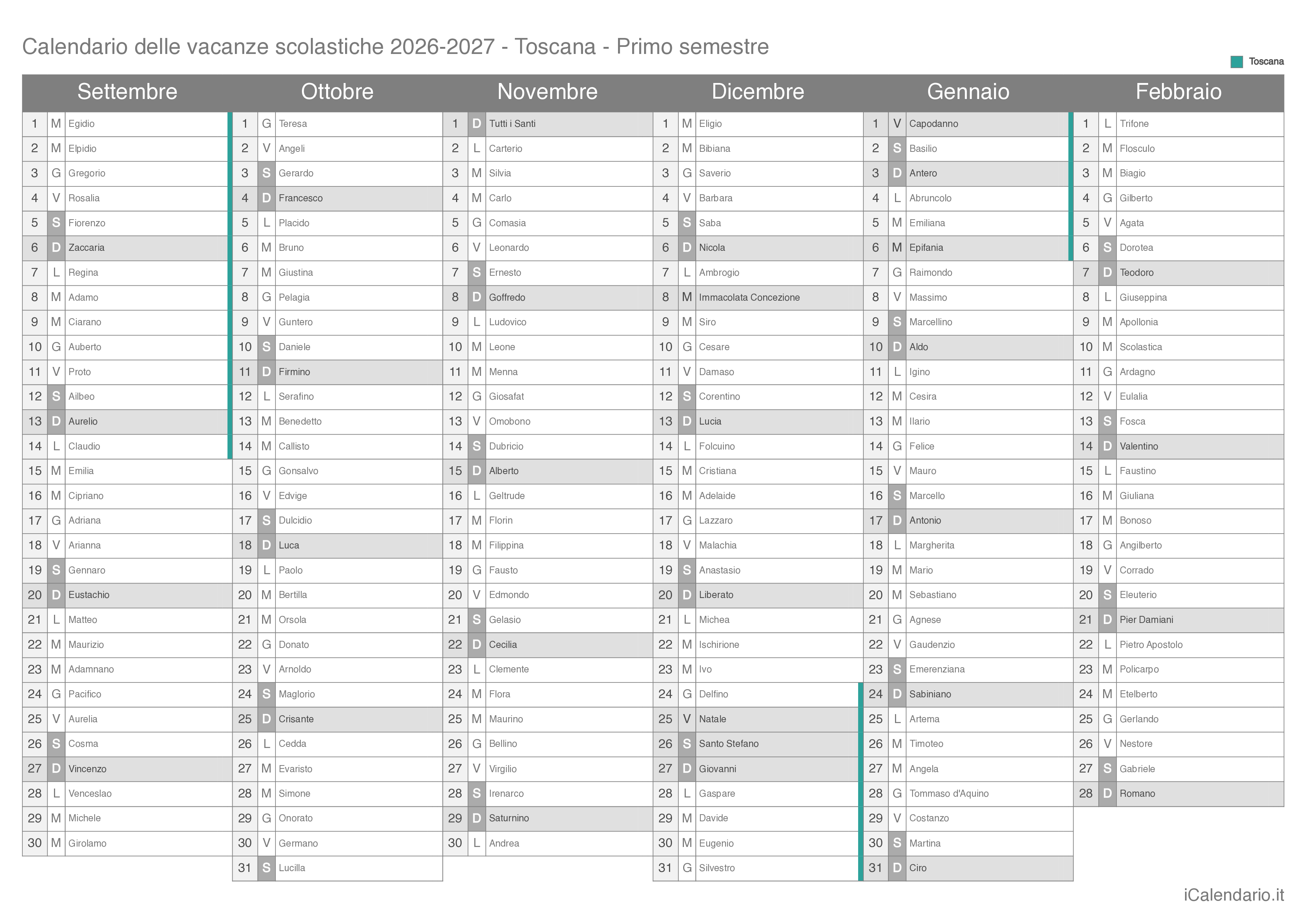 Calendario semestrale delle vacanze scolastiche 2026-2027 con santi, Toscana