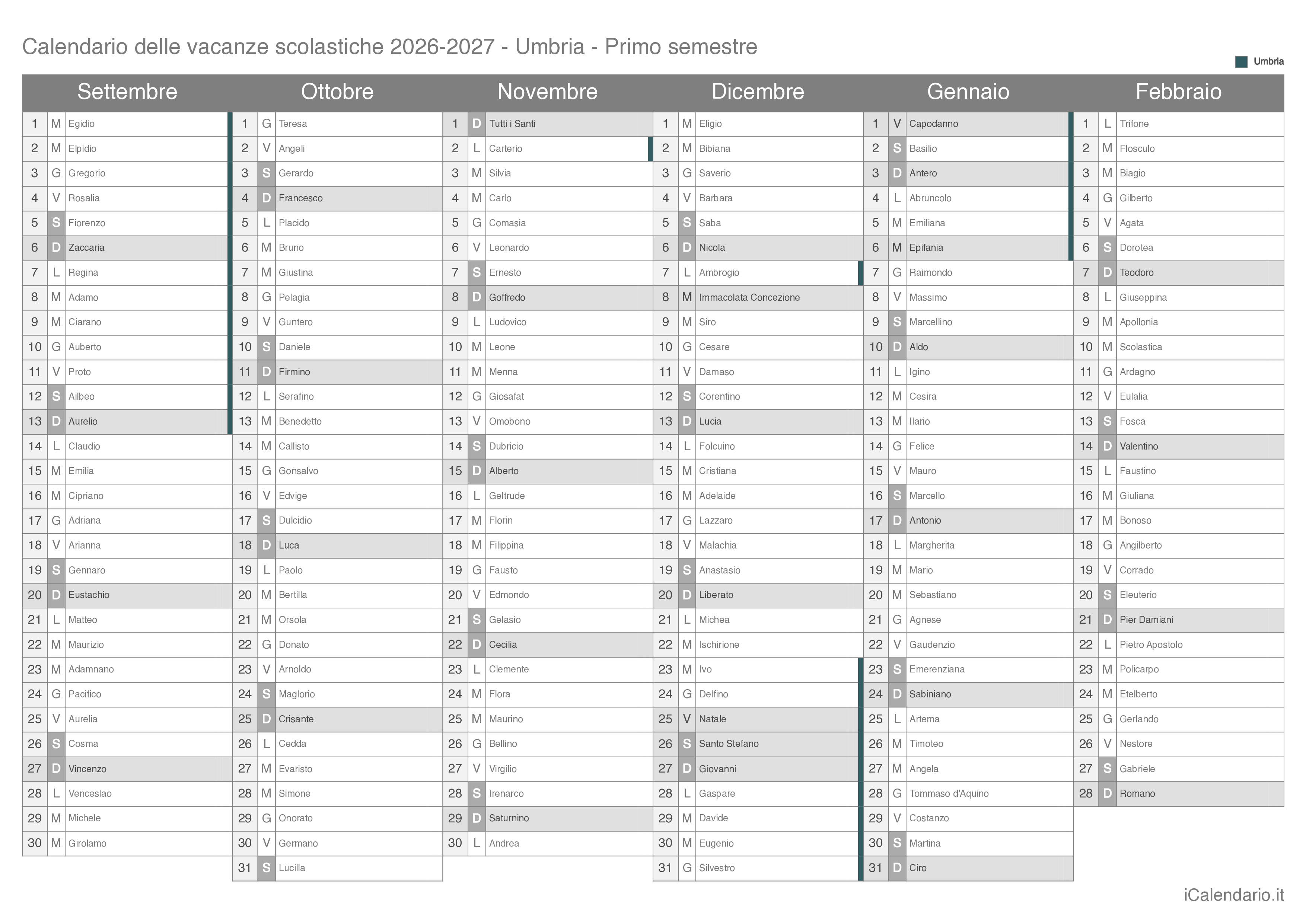 Calendario semestrale delle vacanze scolastiche 2026-2027 con santi, Umbria