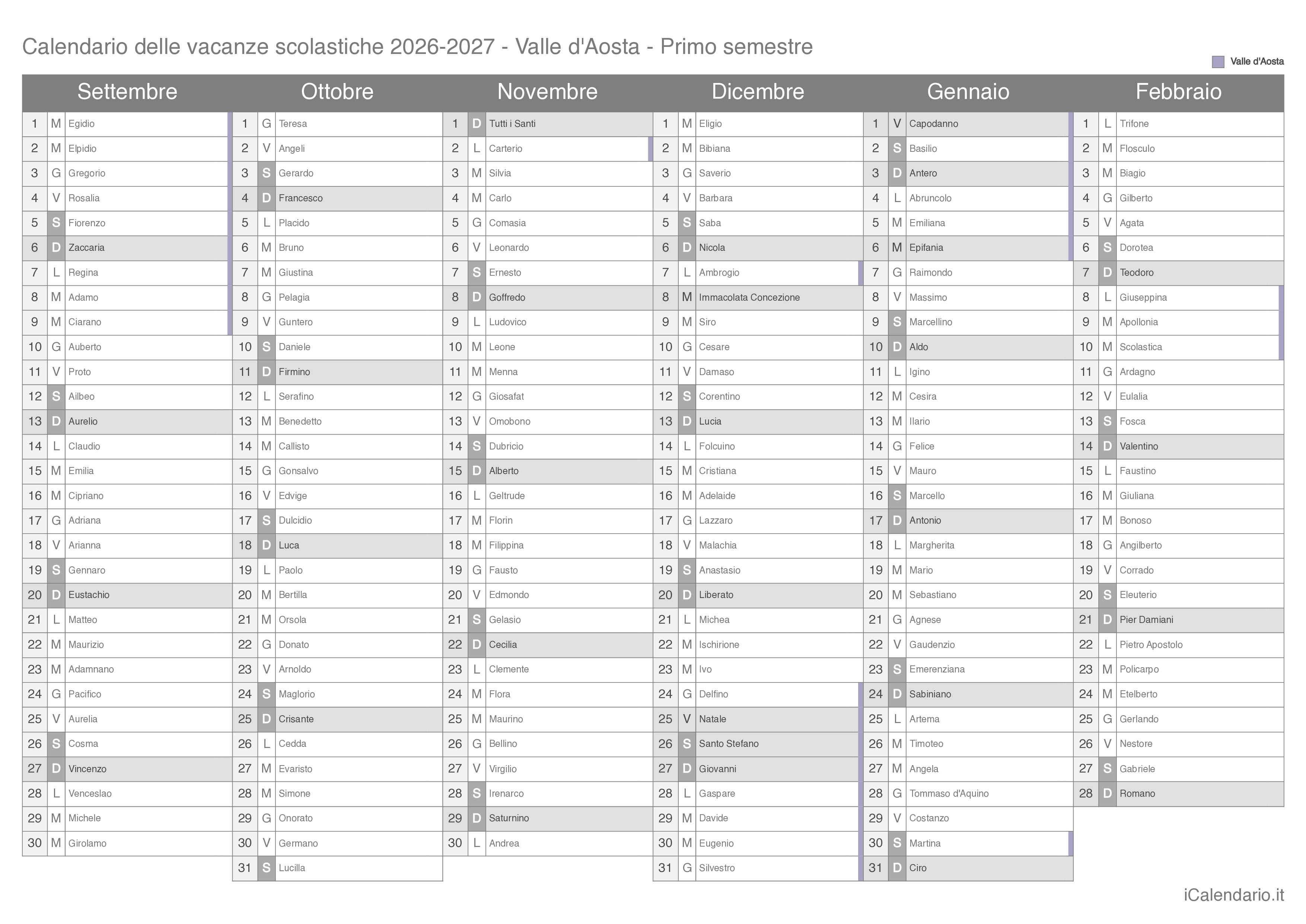 Calendario semestrale delle vacanze scolastiche 2026-2027 con santi, Valle d'Aosta