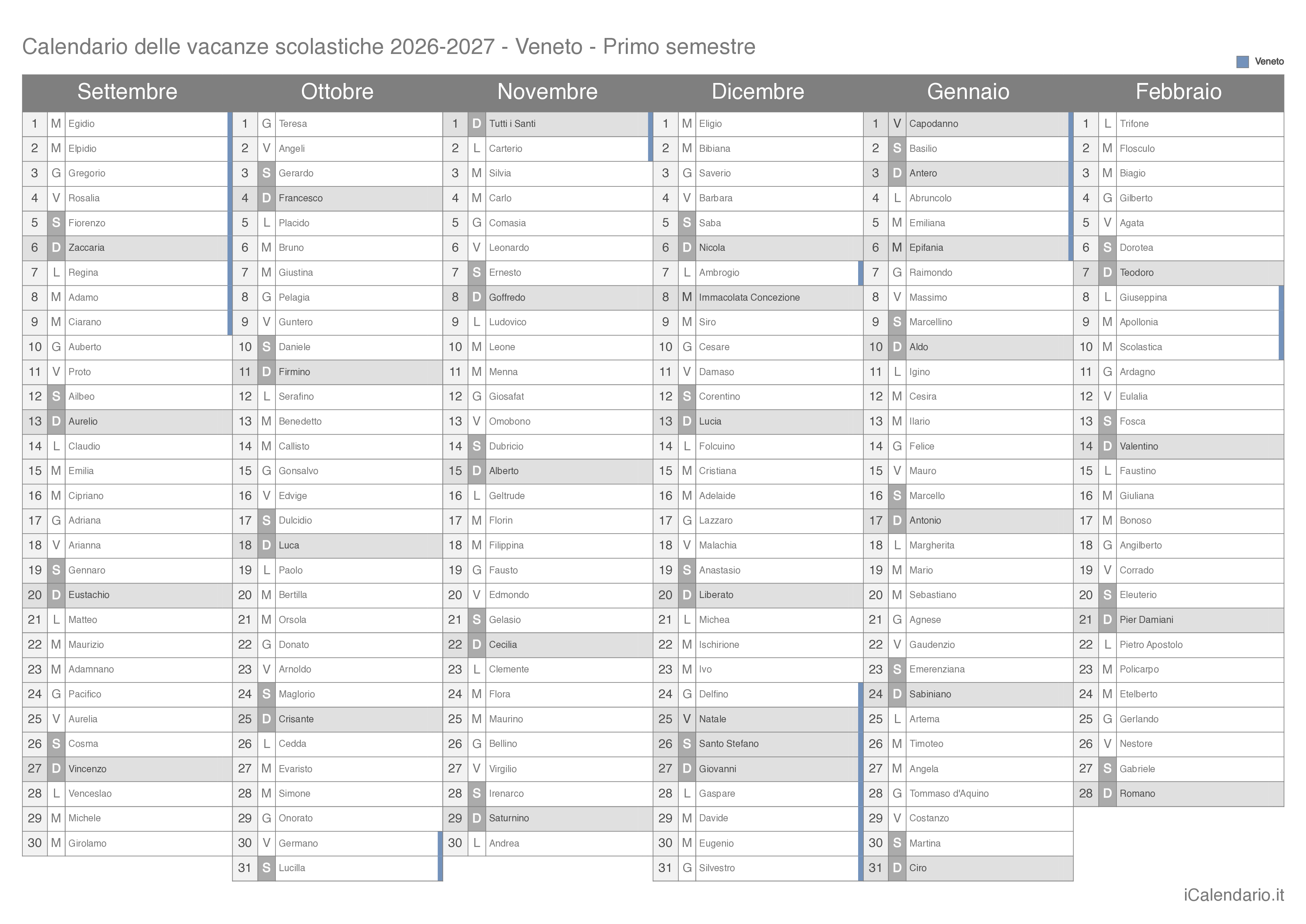 Calendario semestrale delle vacanze scolastiche 2026-2027 con santi, Veneto