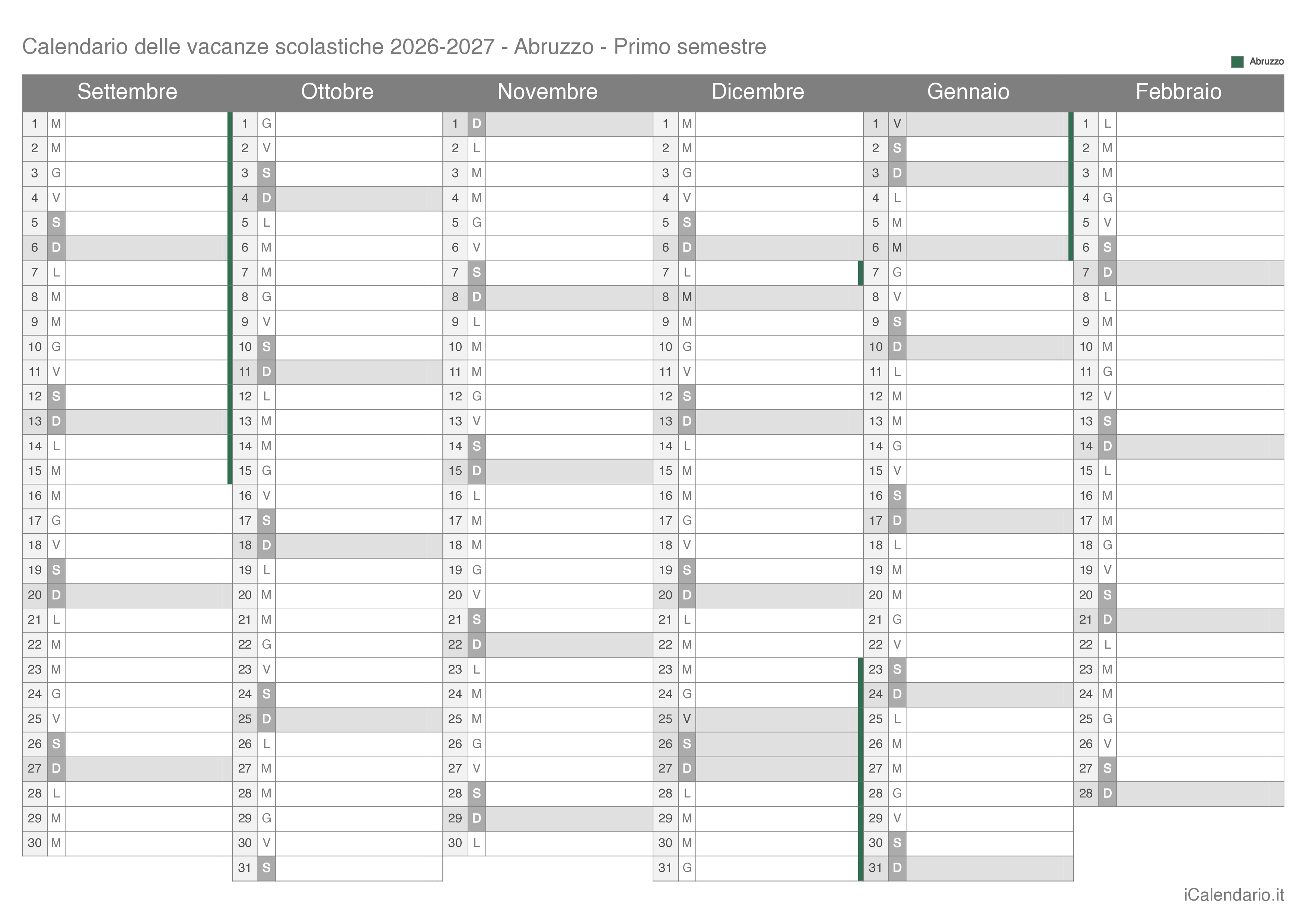 Calendario semestrale delle vacanze scolastiche 2026-2027 Abruzzo