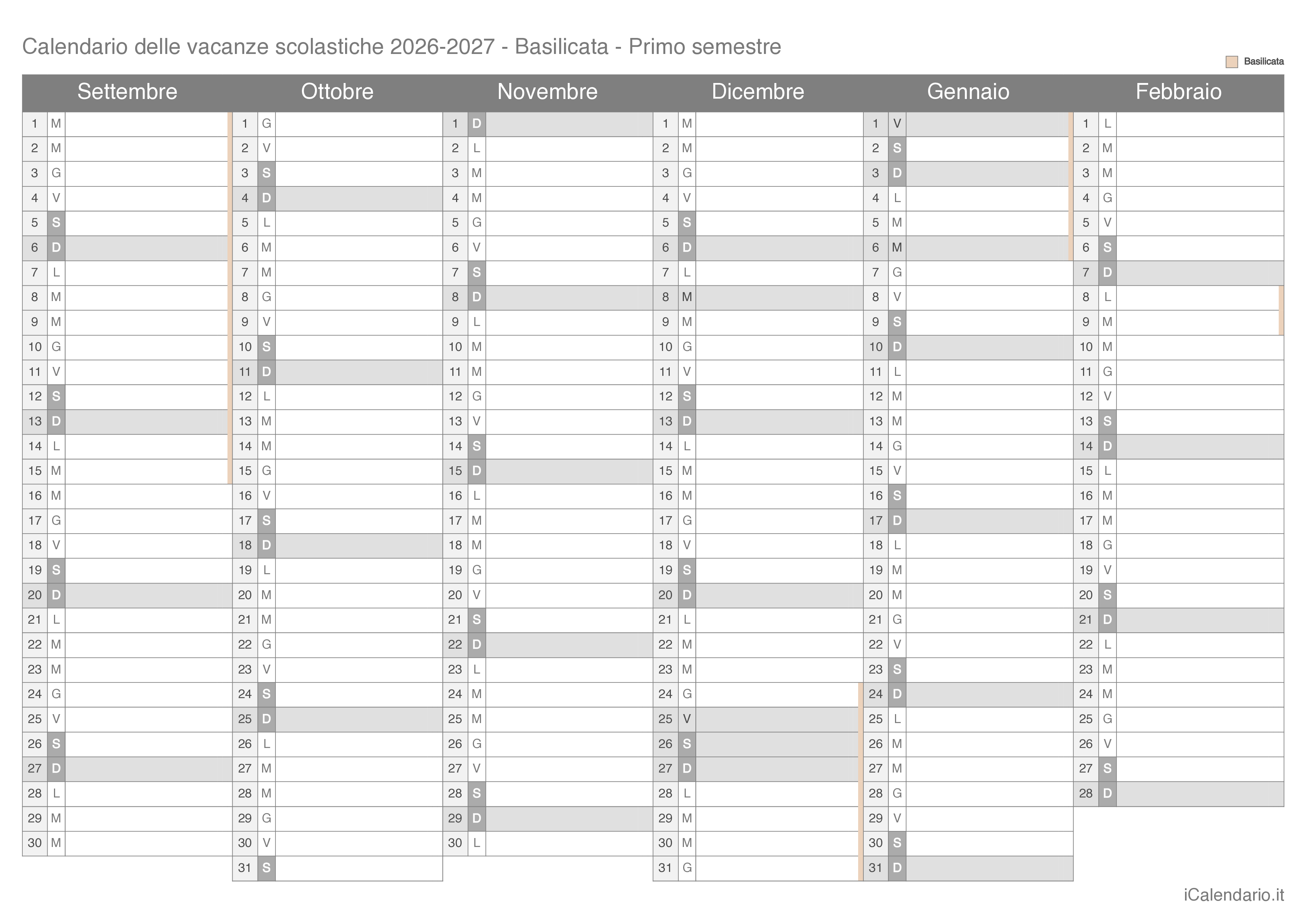 Calendario semestrale delle vacanze scolastiche 2026-2027 Basilicata