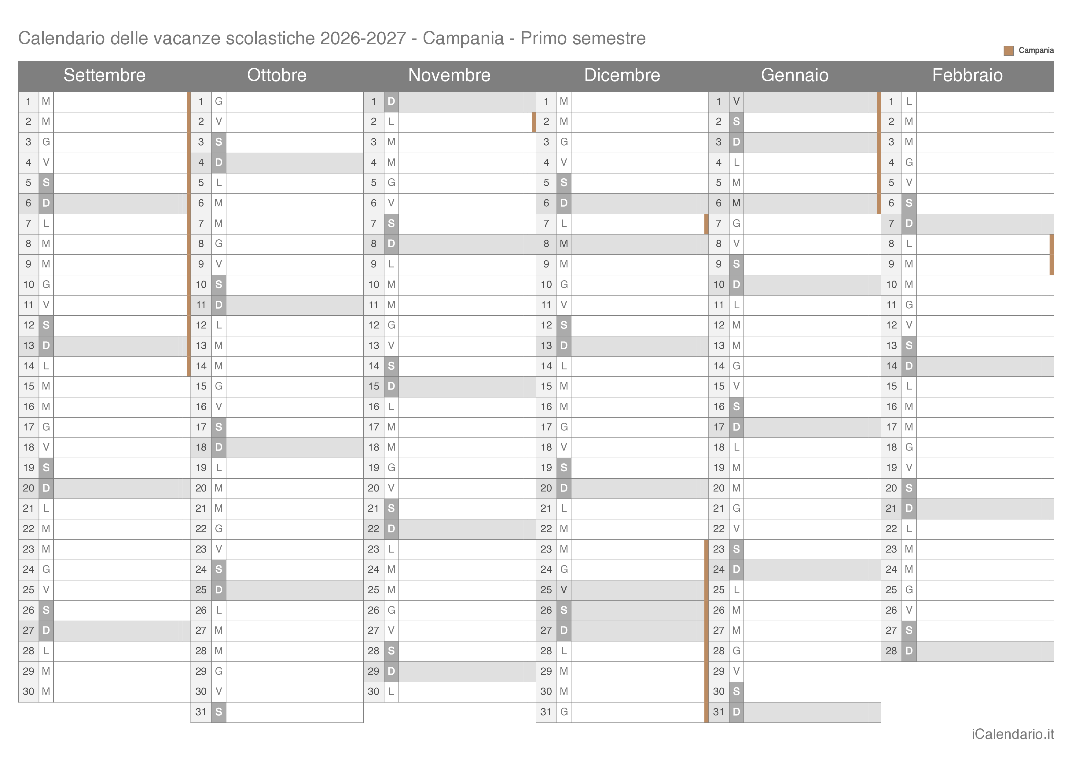 Calendario semestrale delle vacanze scolastiche 2026-2027 Campania