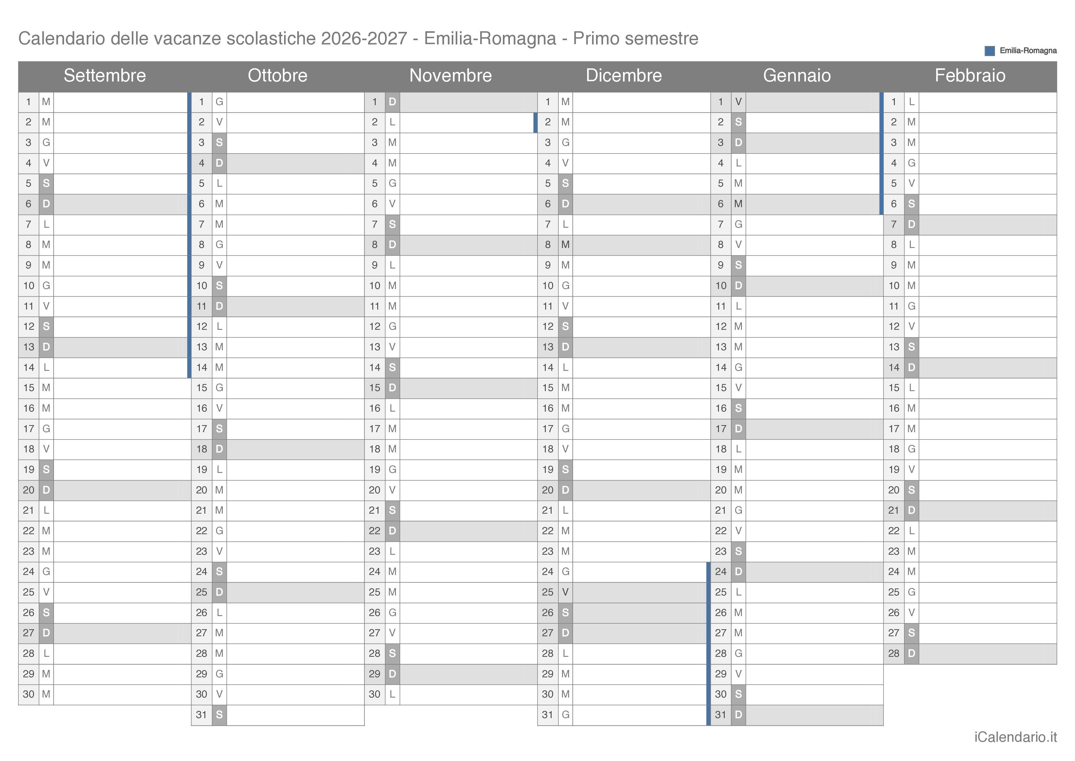 Calendario semestrale delle vacanze scolastiche 2026-2027 Emilia-Romagna