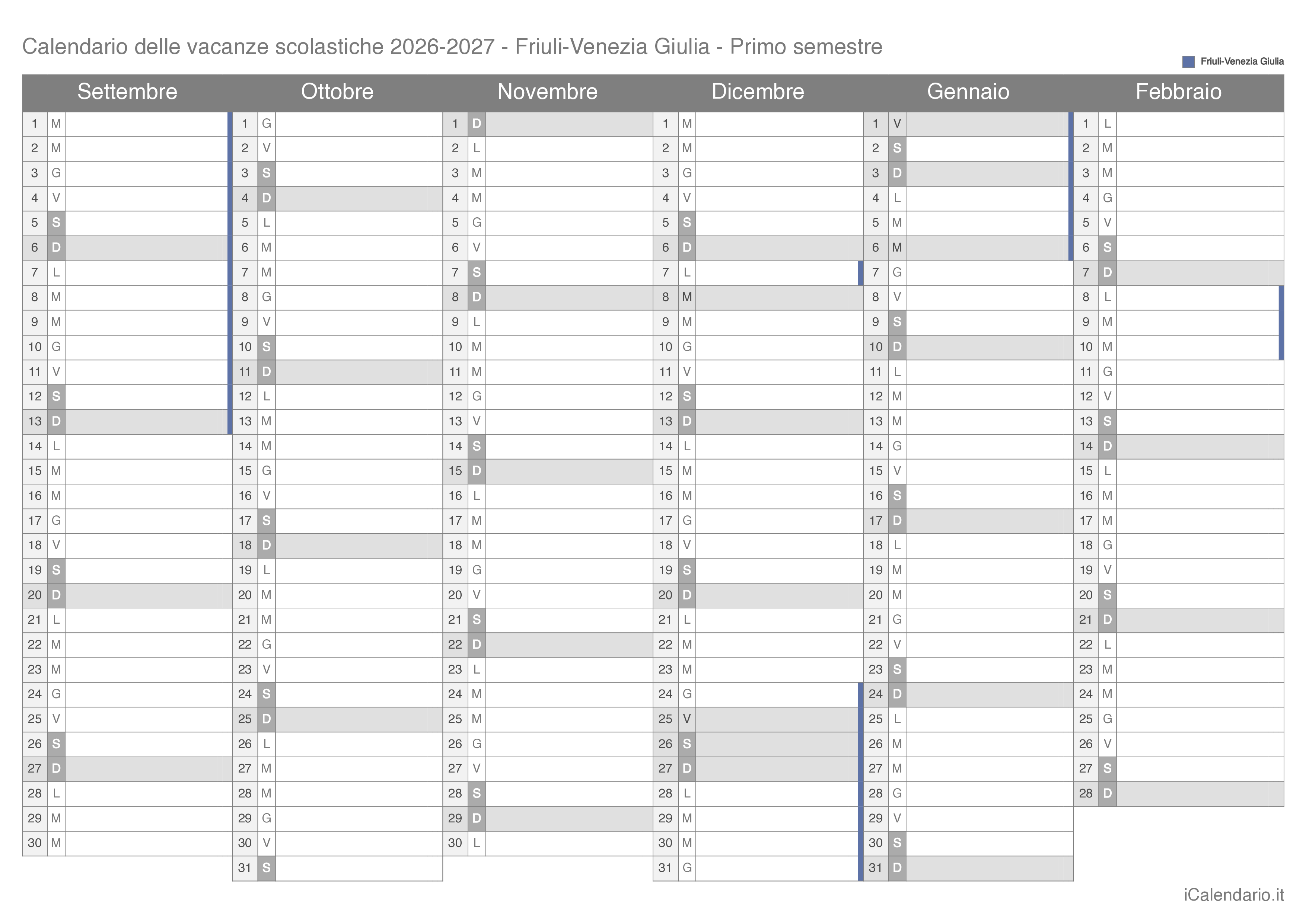 Calendario semestrale delle vacanze scolastiche 2026-2027 Friuli-Venezia Giulia