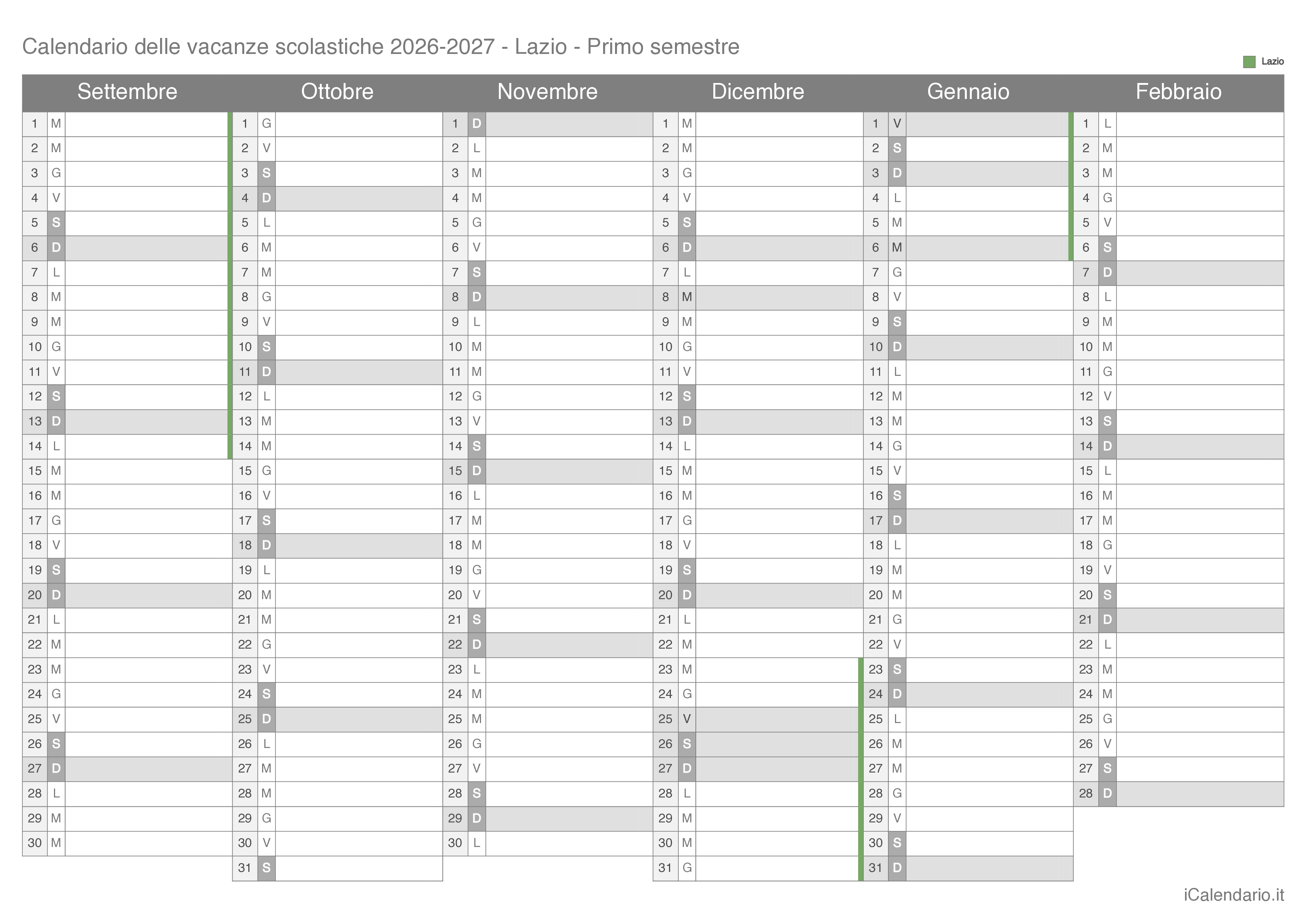 Calendario semestrale delle vacanze scolastiche 2026-2027 Lazio