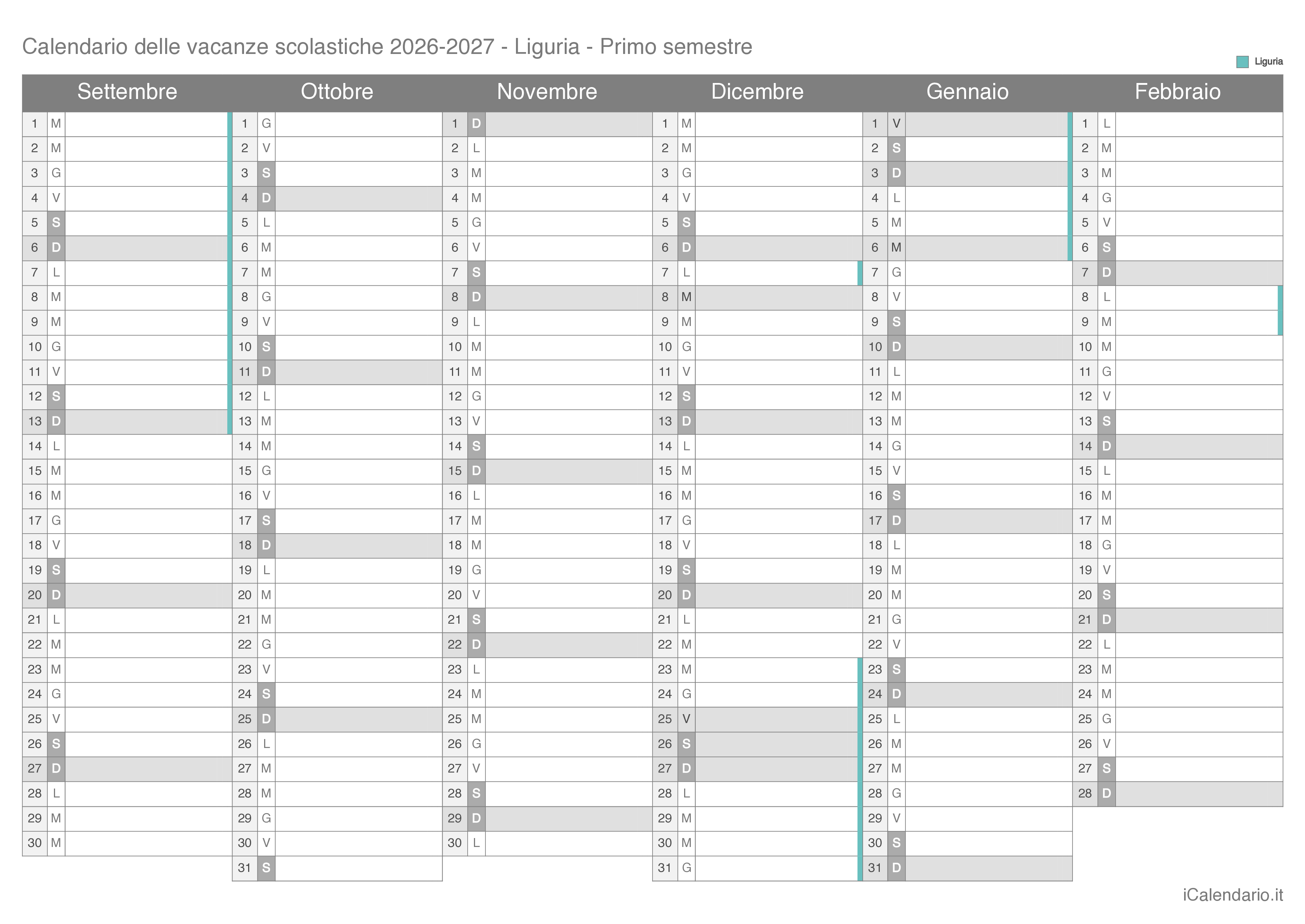 Calendario semestrale delle vacanze scolastiche 2026-2027 Liguria