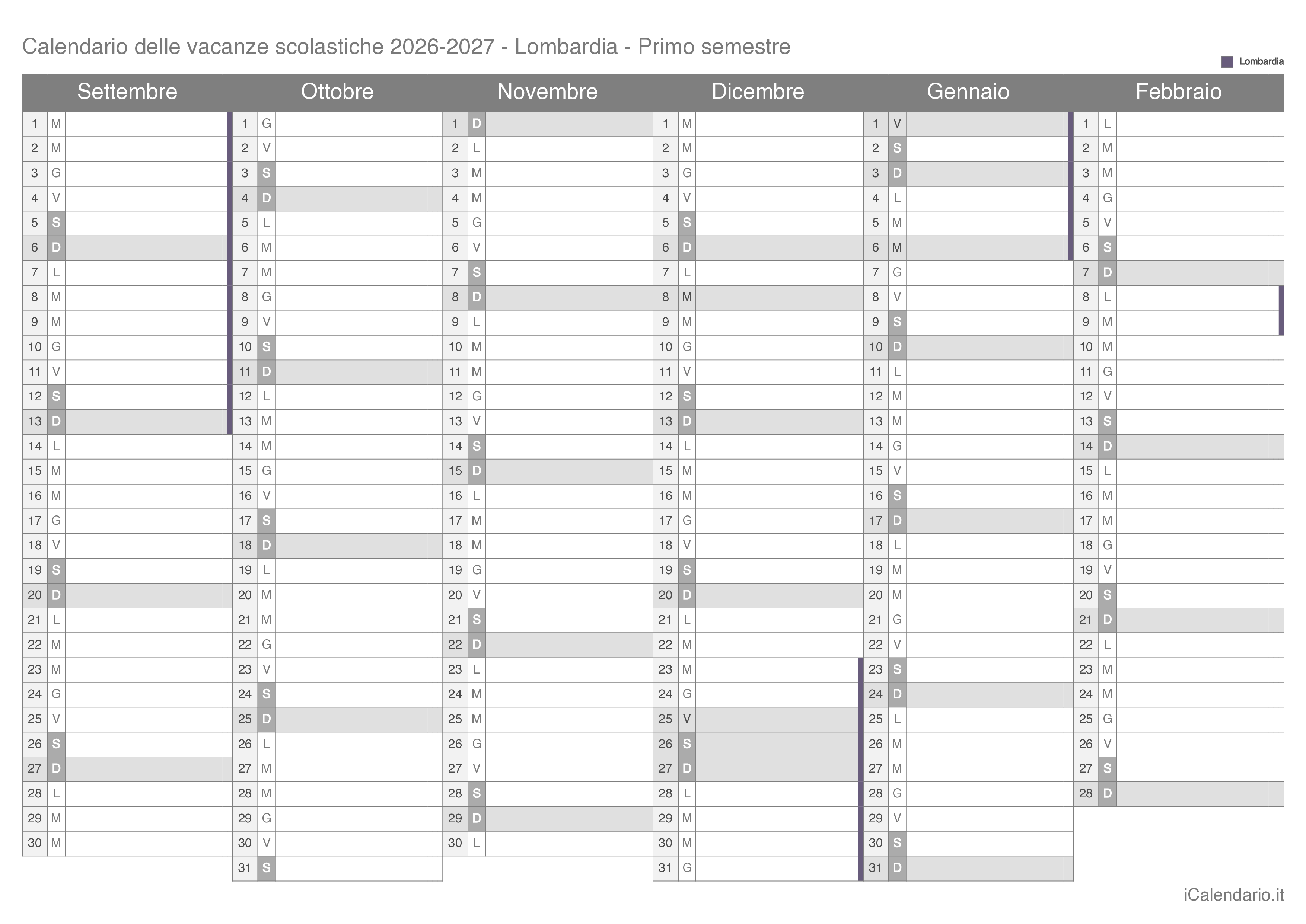 Calendario semestrale delle vacanze scolastiche 2026-2027 Lombardia