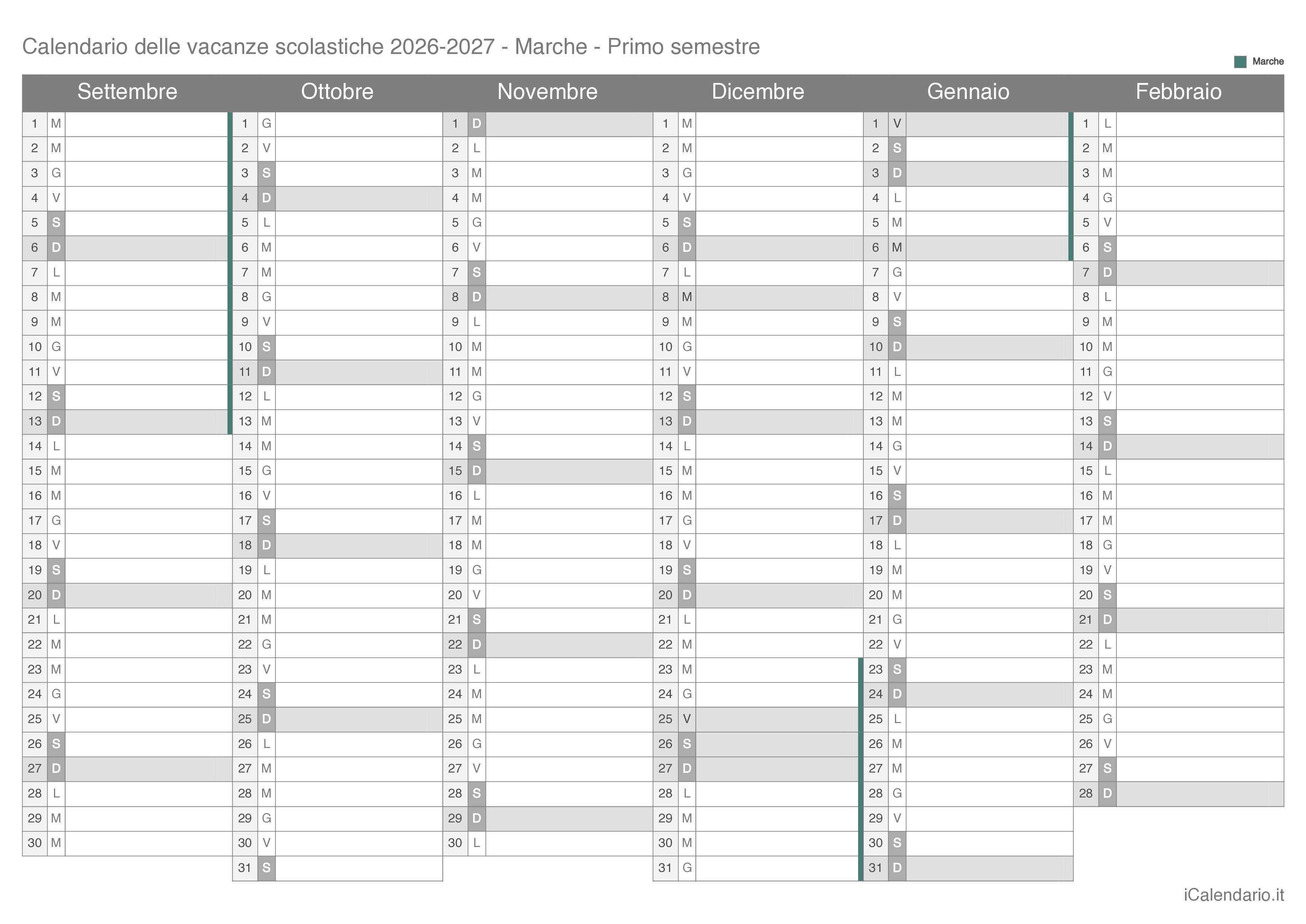 Calendario semestrale delle vacanze scolastiche 2026-2027 Marche