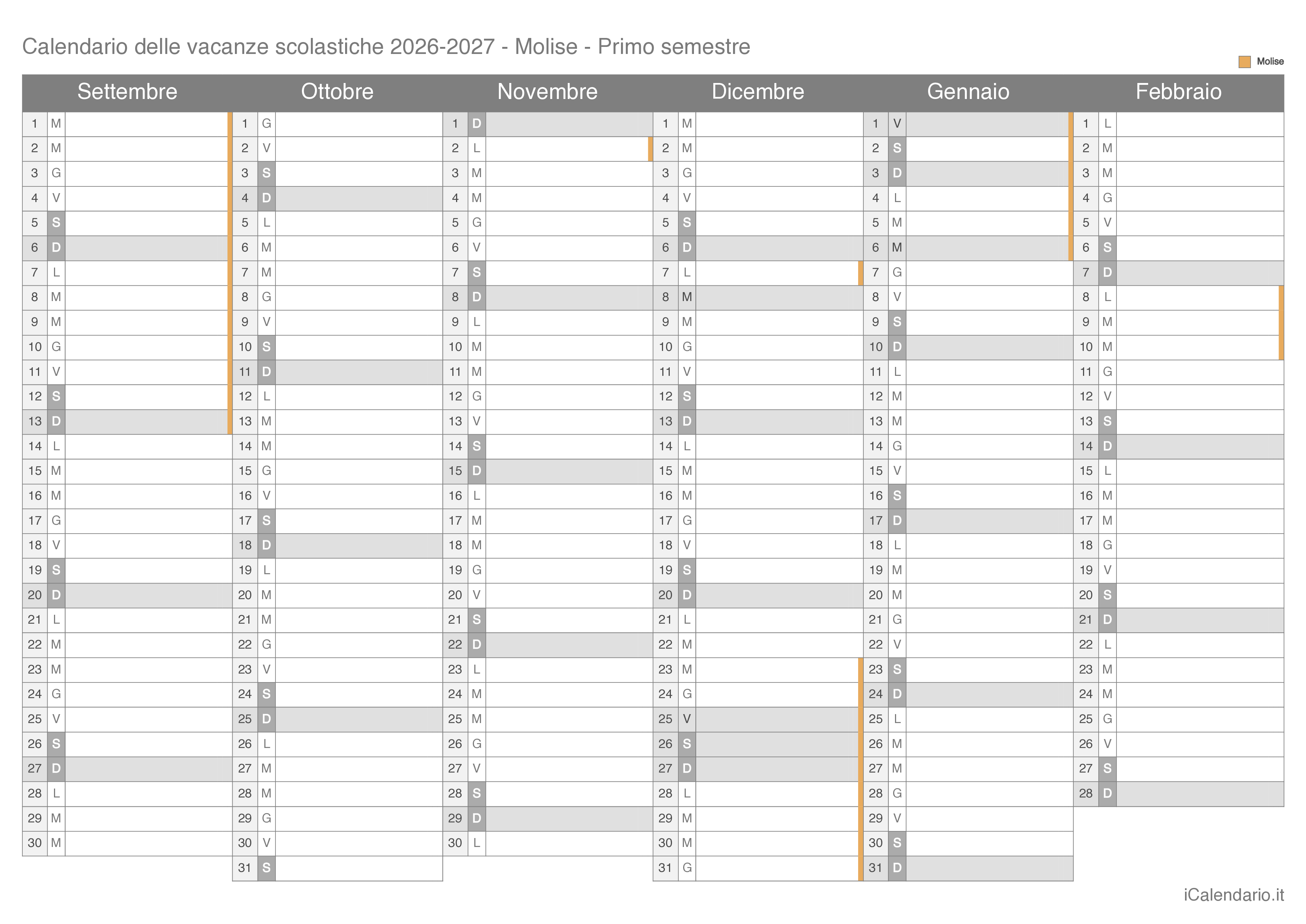 Calendario semestrale delle vacanze scolastiche 2026-2027 Molise