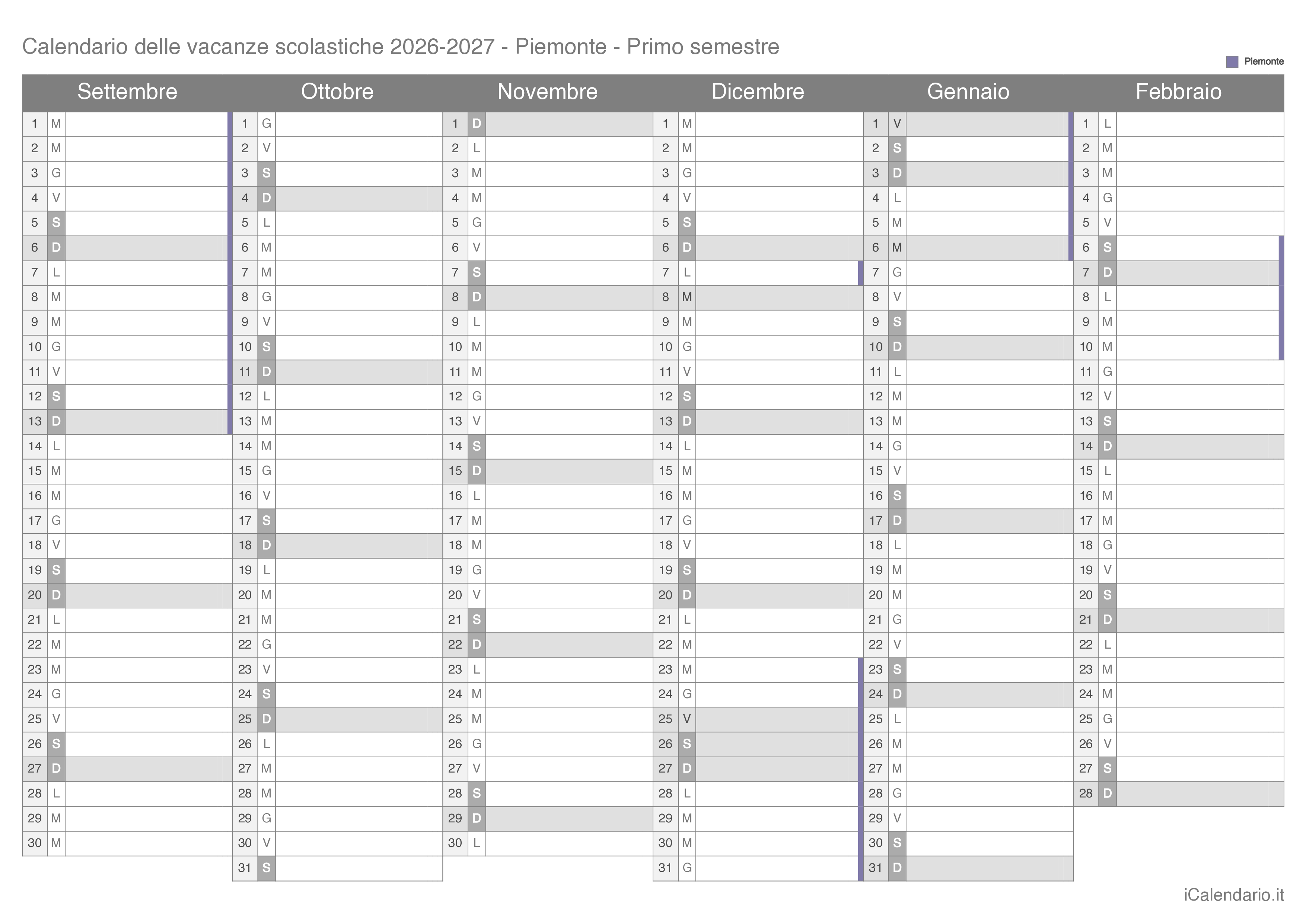 Calendario semestrale delle vacanze scolastiche 2026-2027 Piemonte