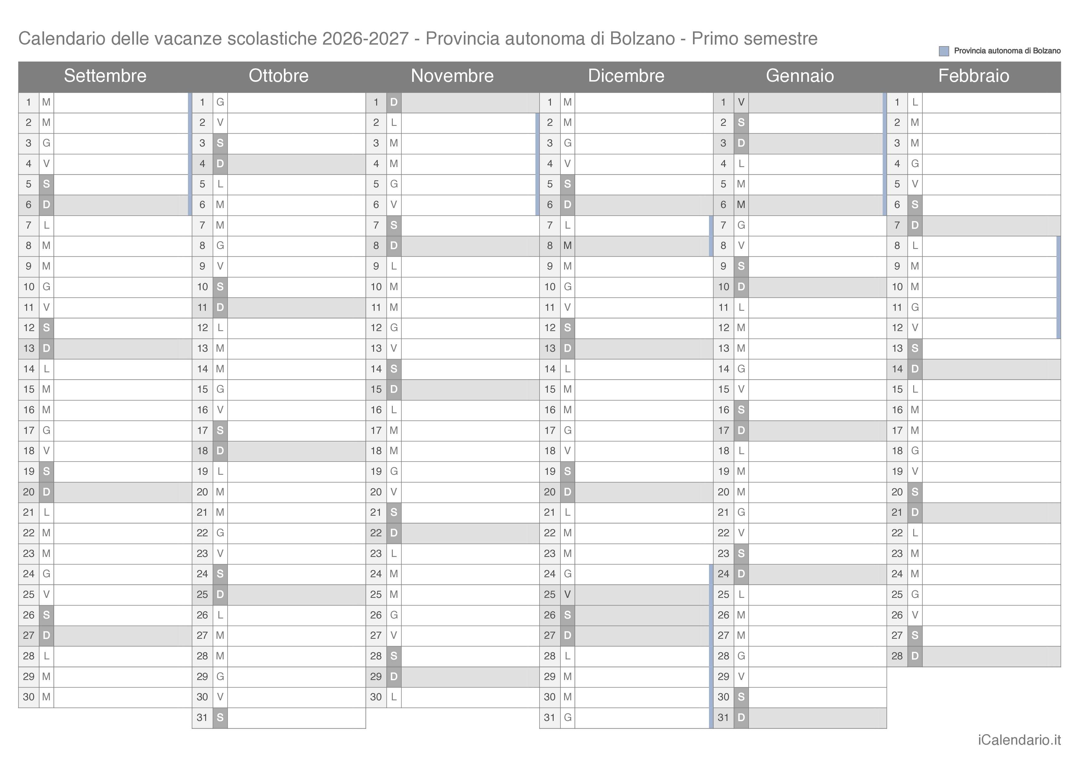 Calendario semestrale delle vacanze scolastiche 2026-2027 Provincia autonoma di Bolzano