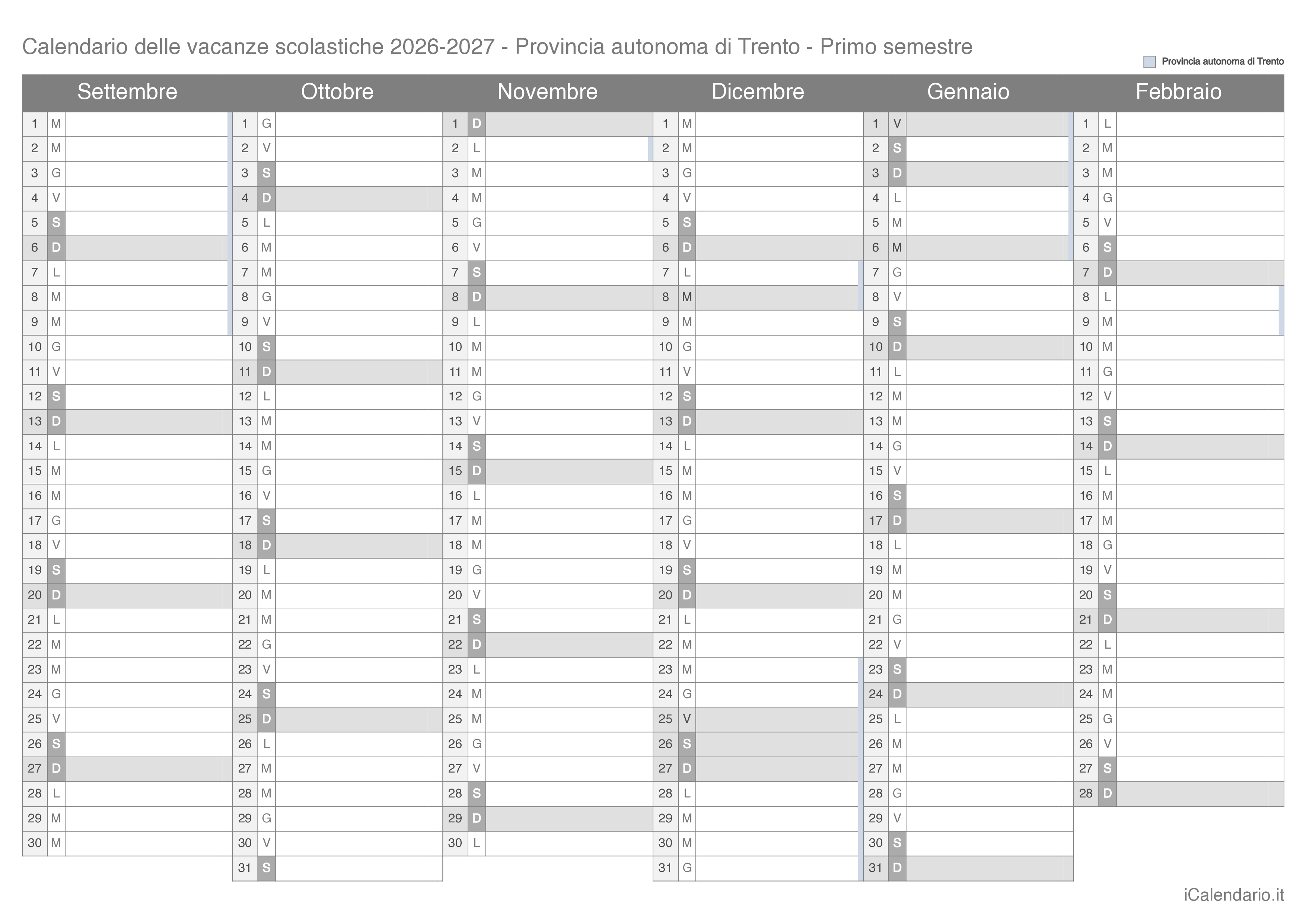 Calendario semestrale delle vacanze scolastiche 2026-2027 Provincia autonoma di Trento