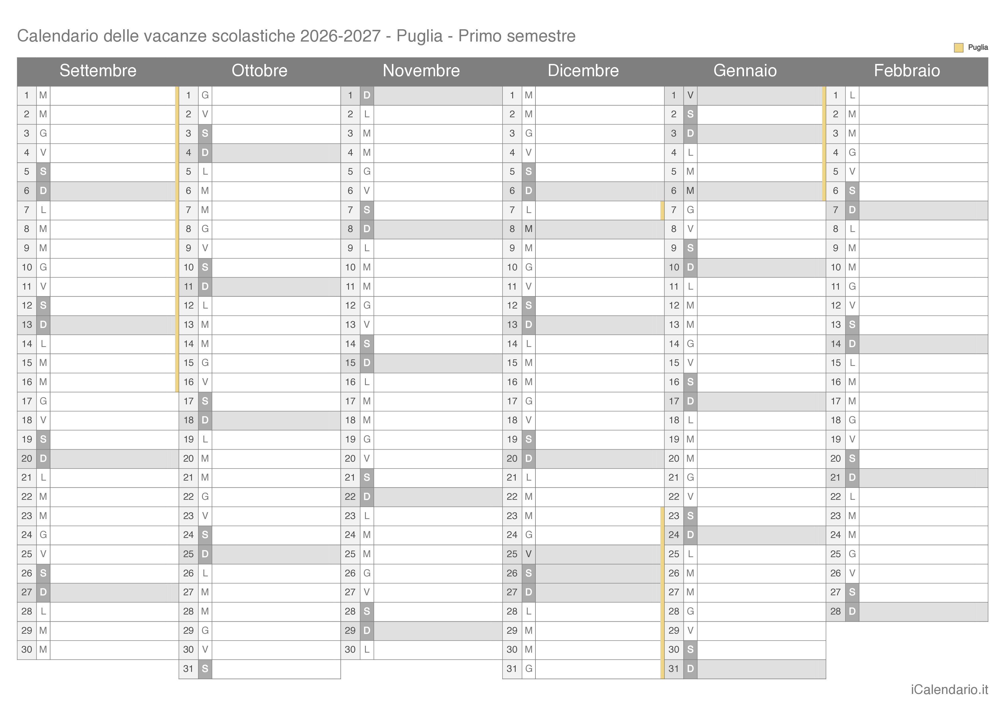 Calendario semestrale delle vacanze scolastiche 2026-2027 Puglia