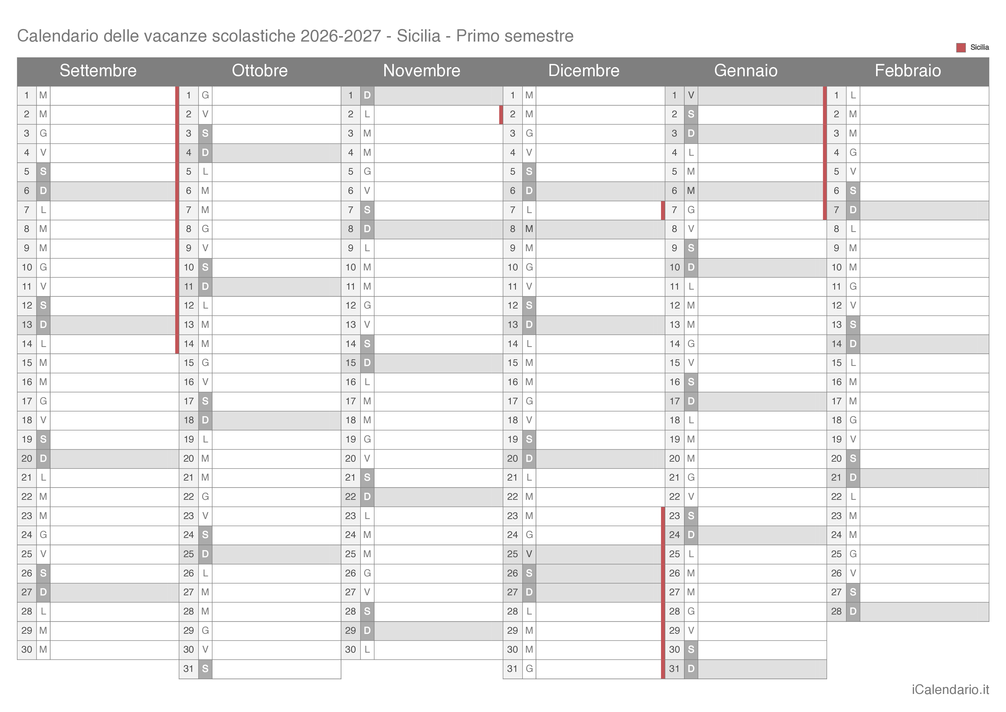 Calendario semestrale delle vacanze scolastiche 2026-2027 Sicilia