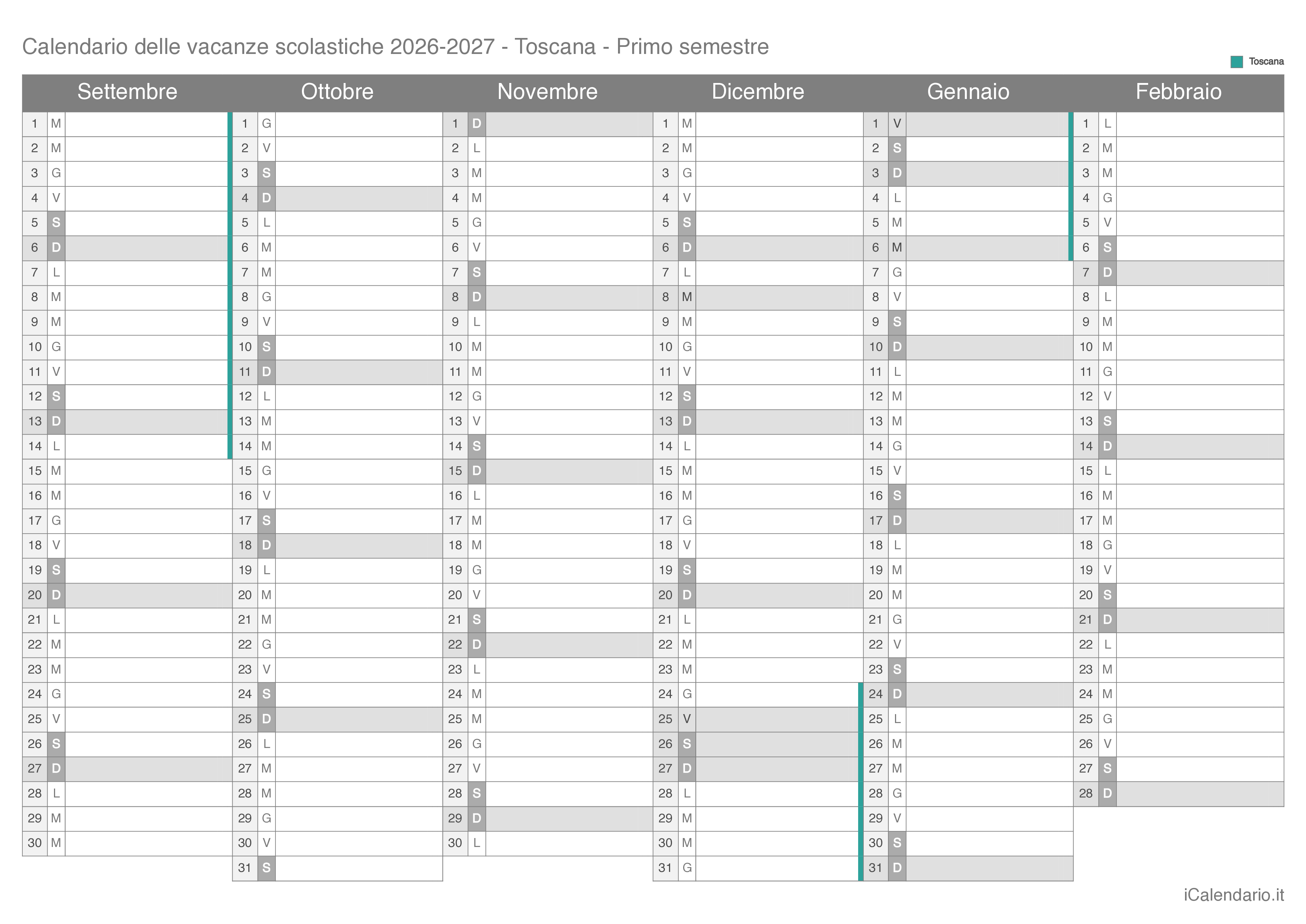 Calendario semestrale delle vacanze scolastiche 2026-2027 Toscana