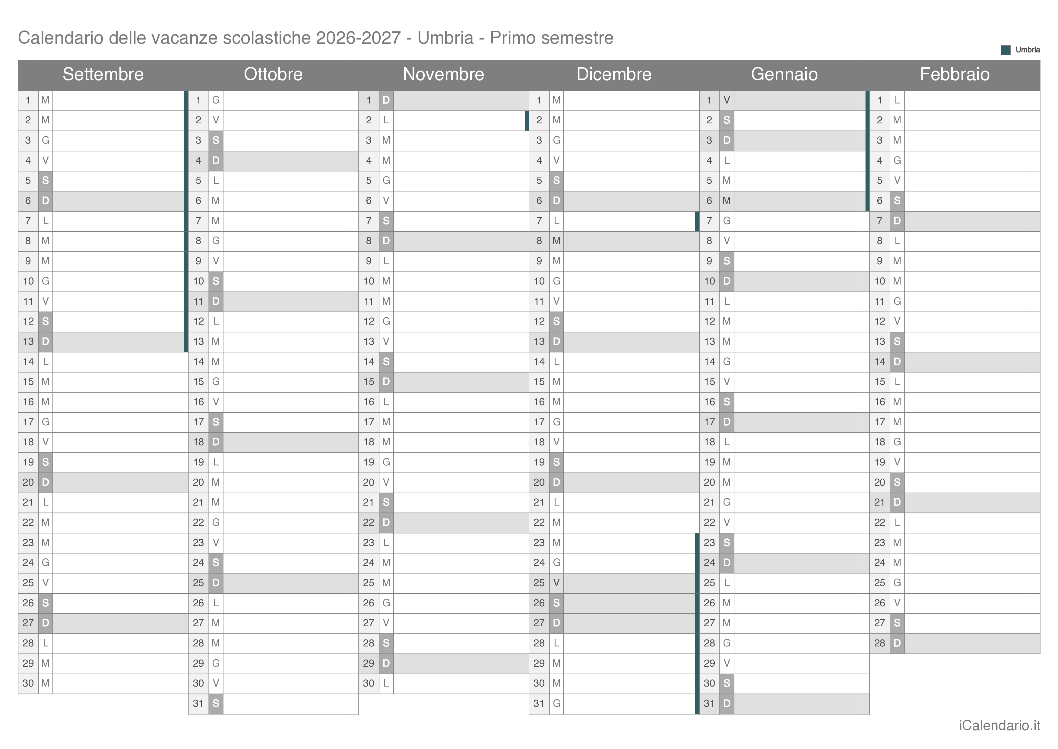 Calendario semestrale delle vacanze scolastiche 2026-2027 Umbria