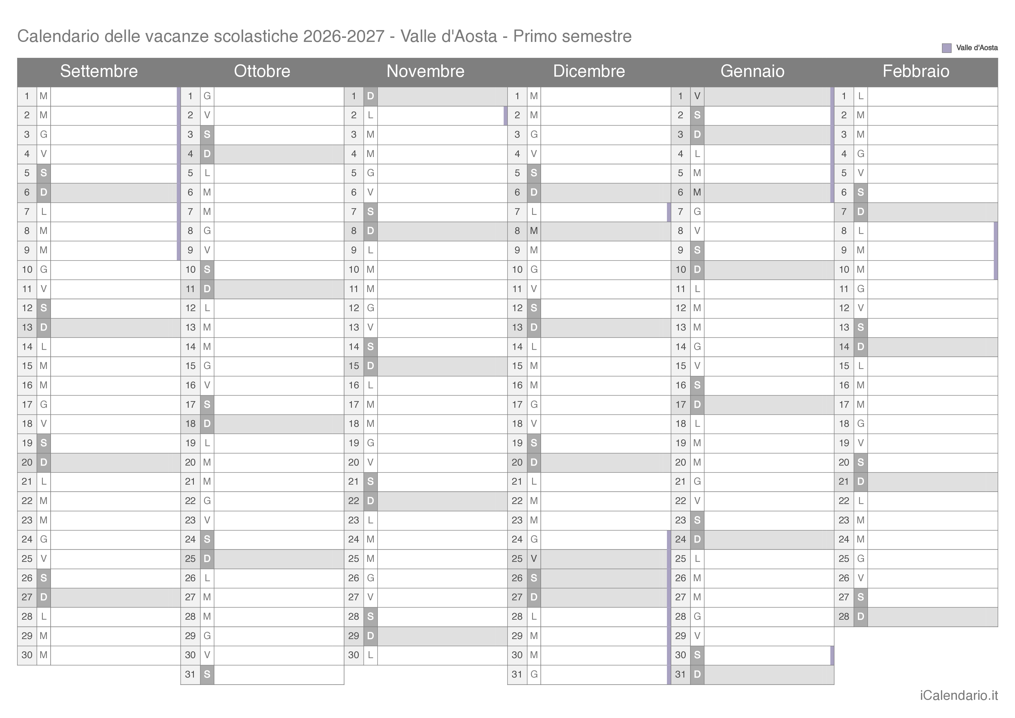 Calendario semestrale delle vacanze scolastiche 2026-2027 Valle d'Aosta